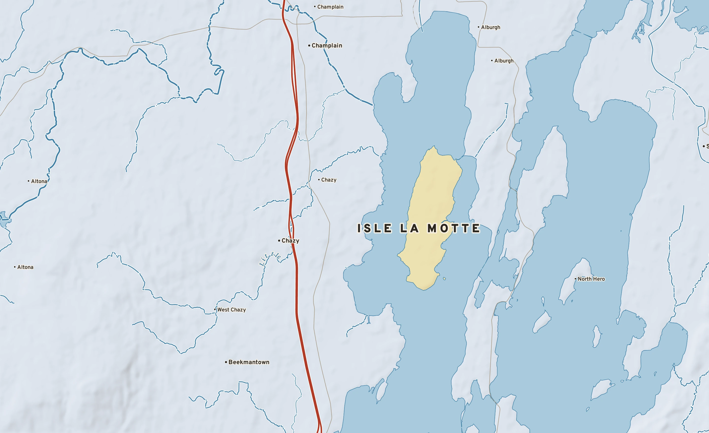 Shaded-relief atlas plate of Isle La Motte, Vermont: rivers, roads, the city limits and where the water drains.