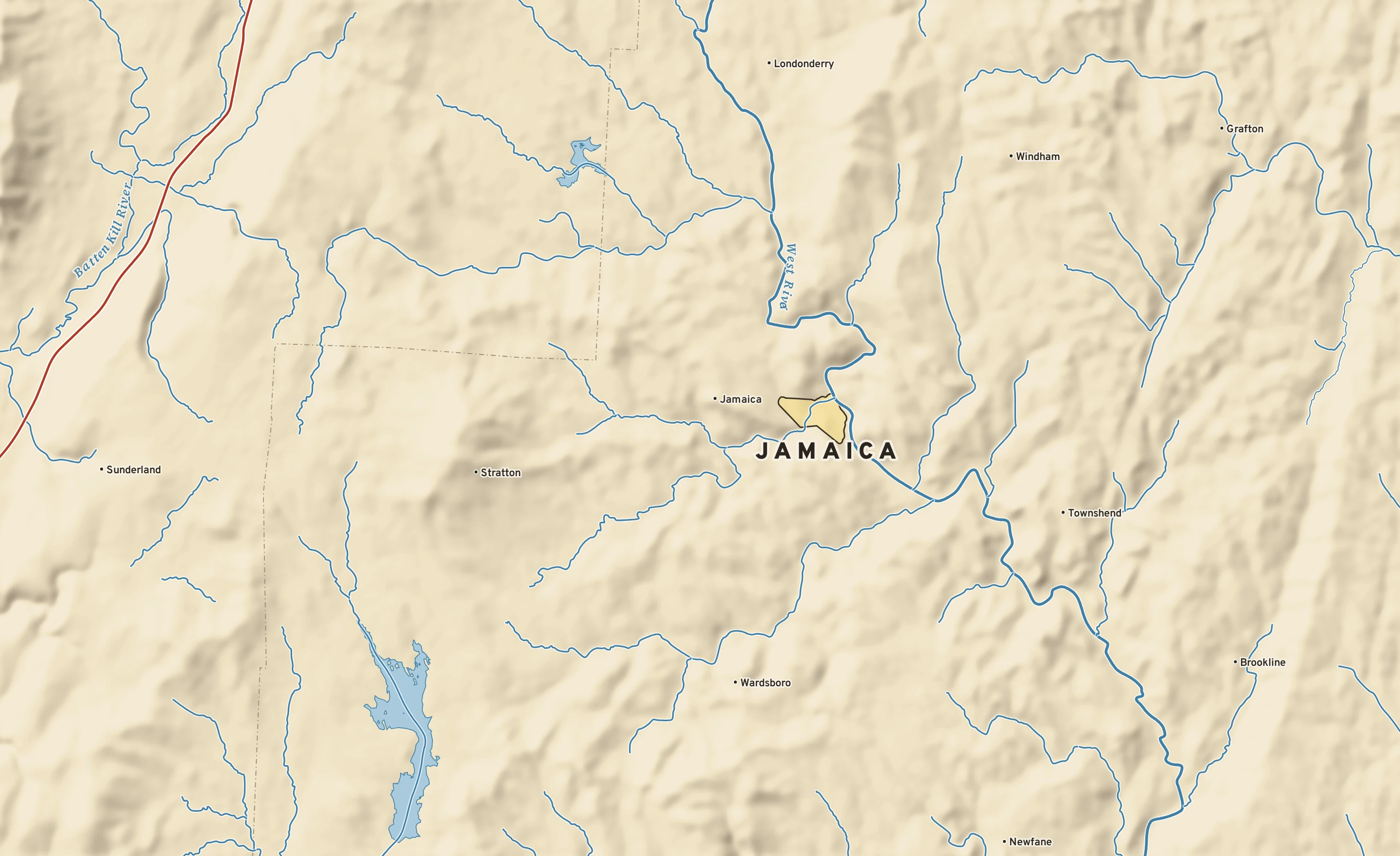Shaded-relief atlas plate of Jamaica, Vermont: rivers, roads, the city limits and where the water drains.