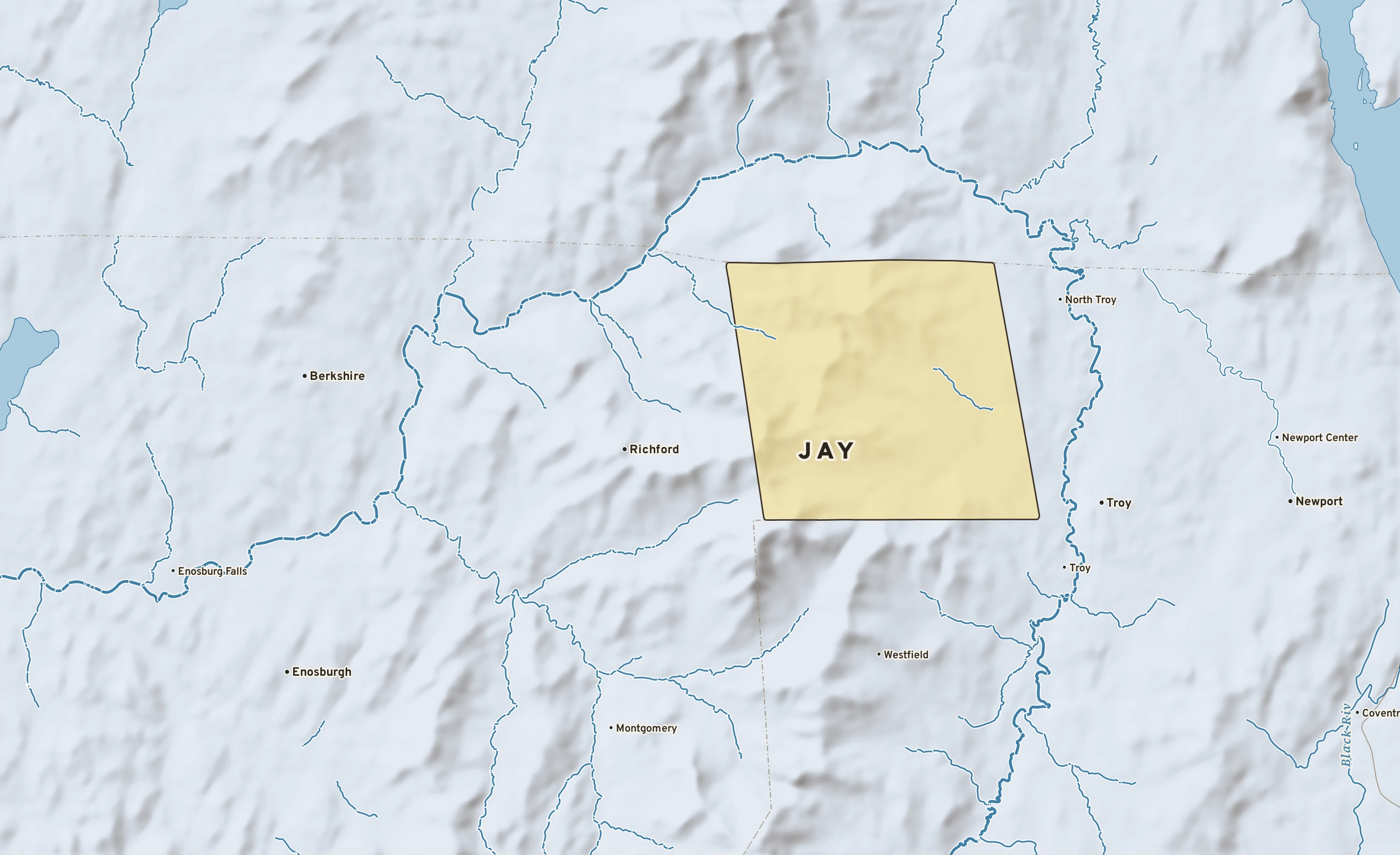 Shaded-relief atlas plate of Jay, Vermont: rivers, roads, the city limits and where the water drains.