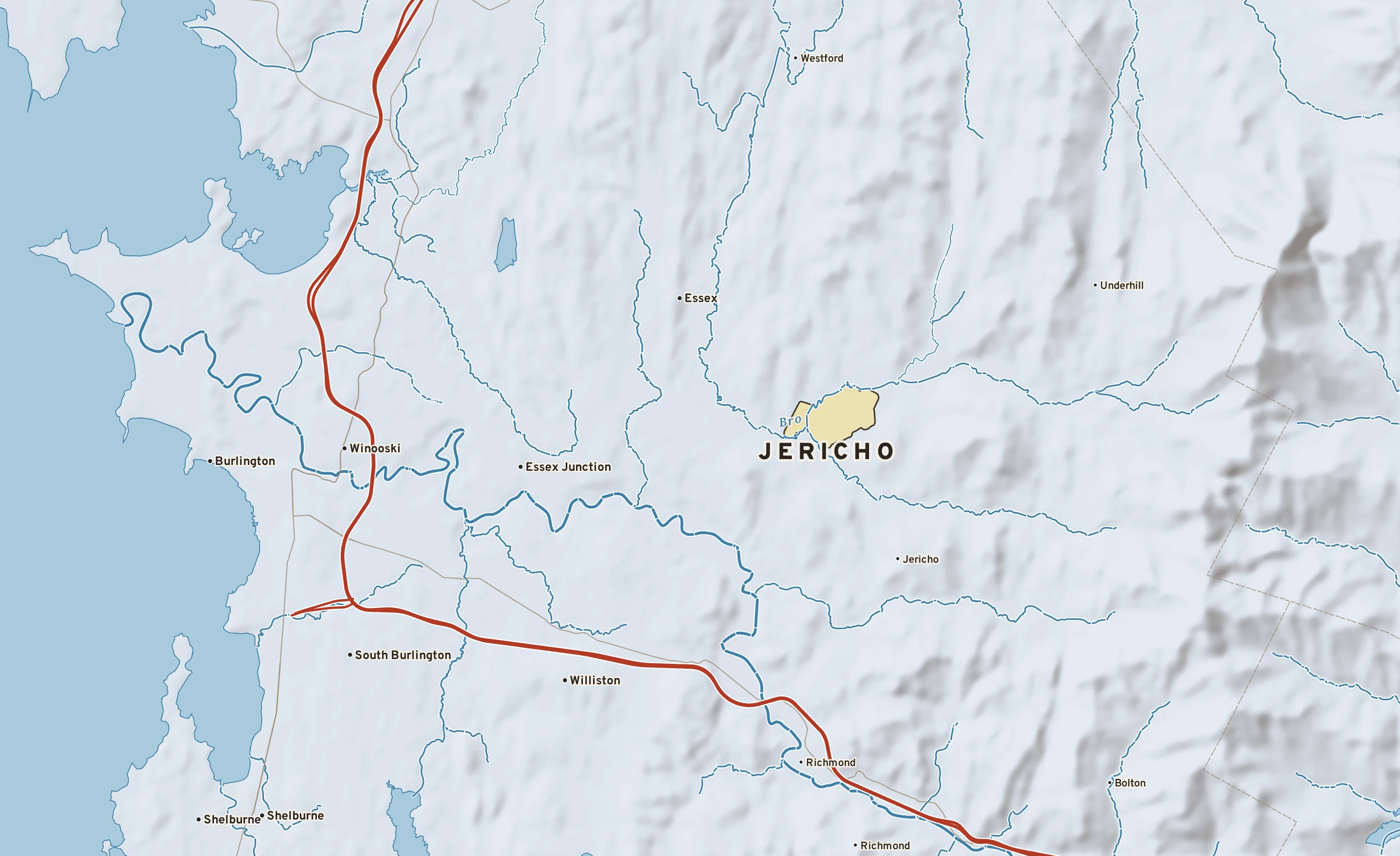 Shaded-relief atlas plate of Jericho, Vermont: rivers, roads, the city limits and where the water drains.
