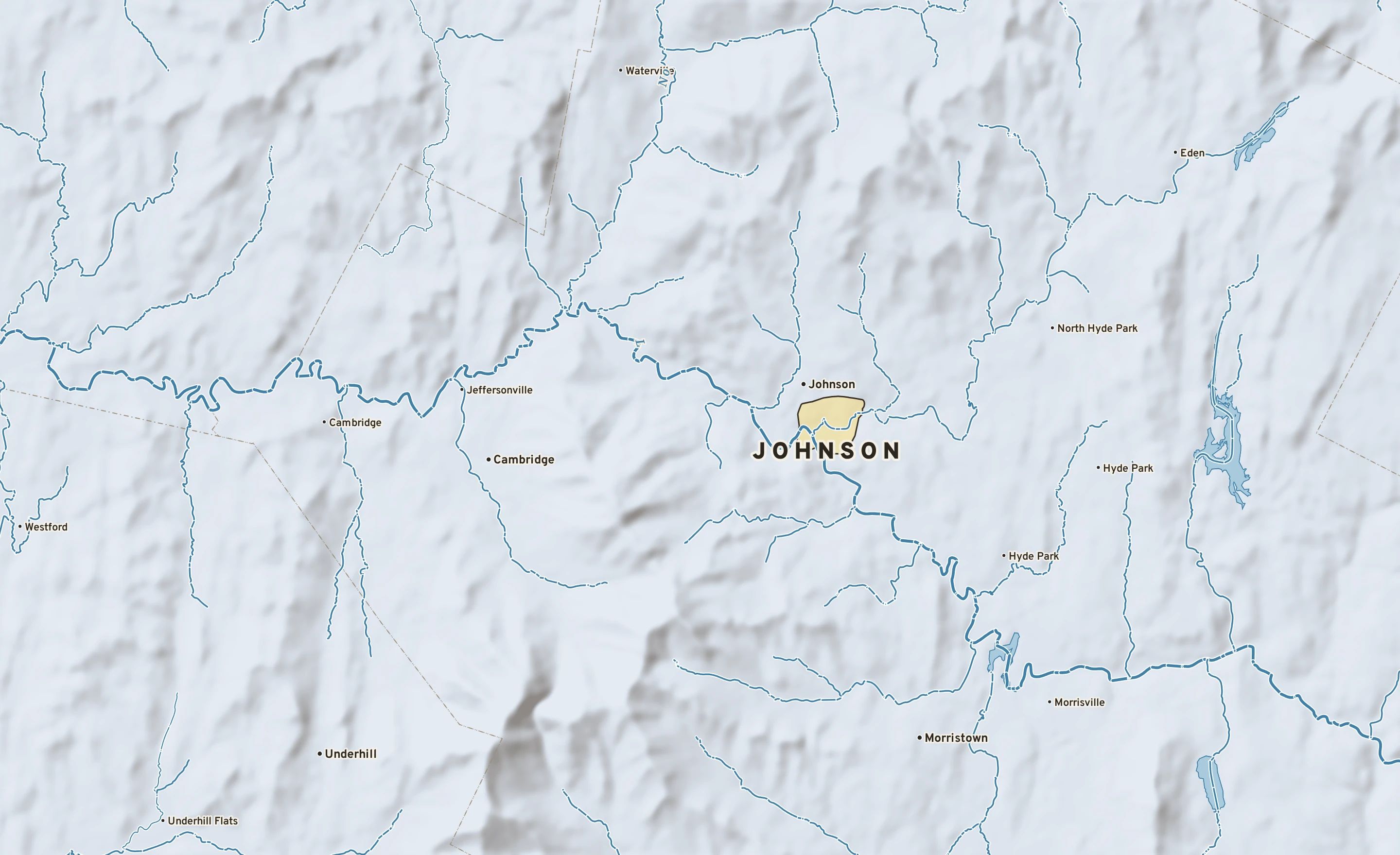 Shaded-relief atlas plate of Johnson, Vermont: rivers, roads, the city limits and where the water drains.