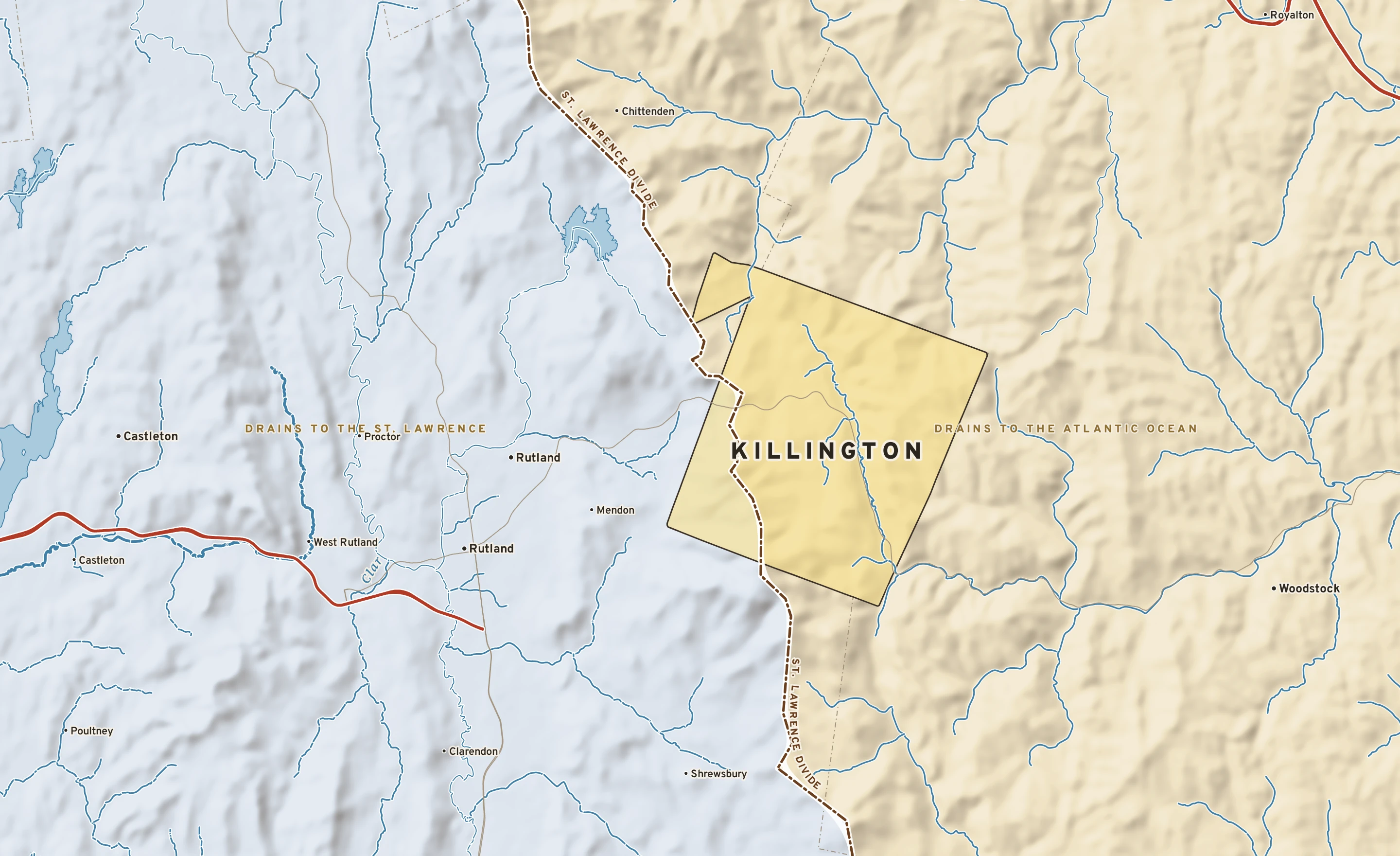 Shaded-relief atlas plate of Killington, Vermont: rivers, roads, the city limits and where the water drains.