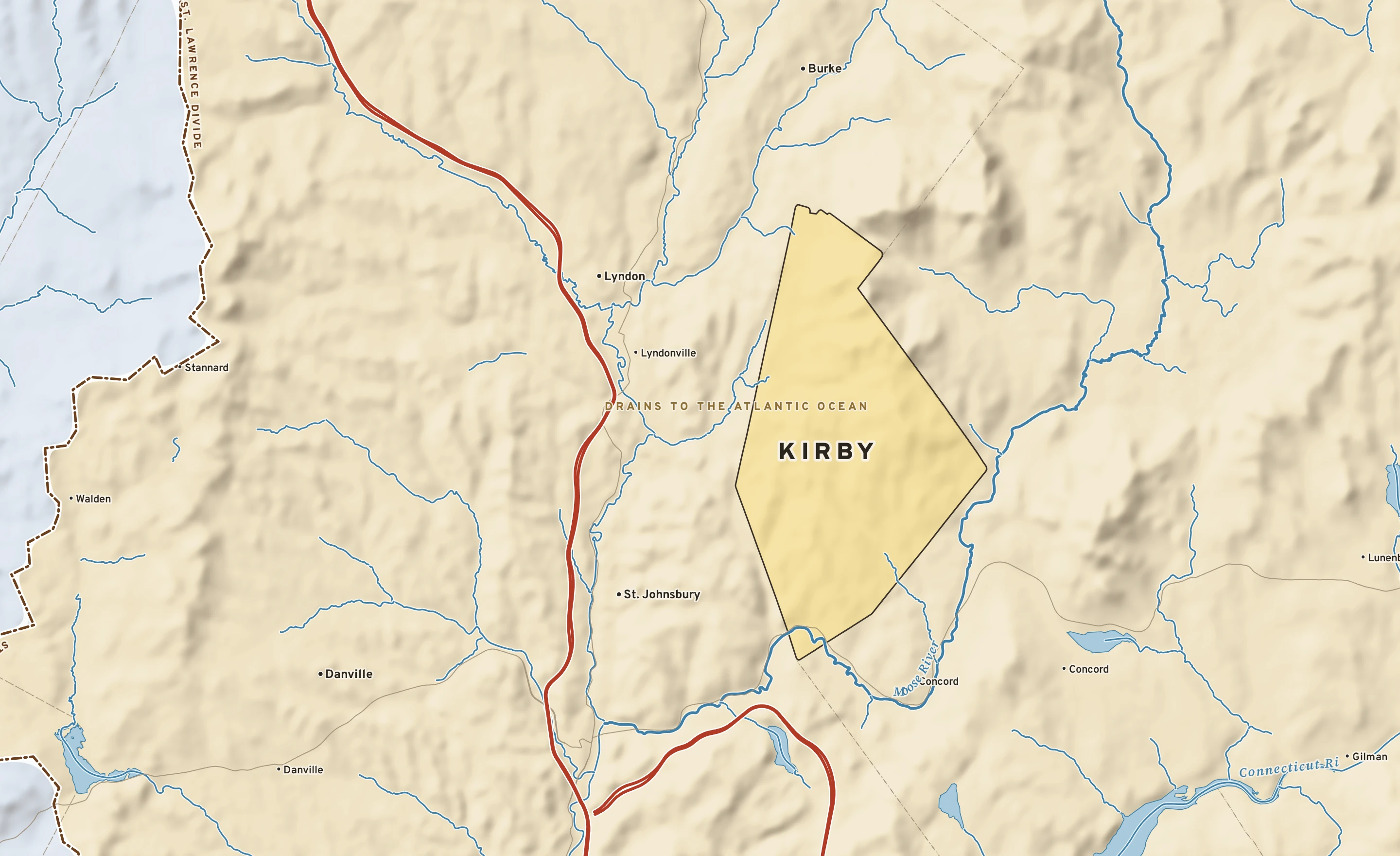 Shaded-relief atlas plate of Kirby, Vermont: rivers, roads, the city limits and where the water drains.