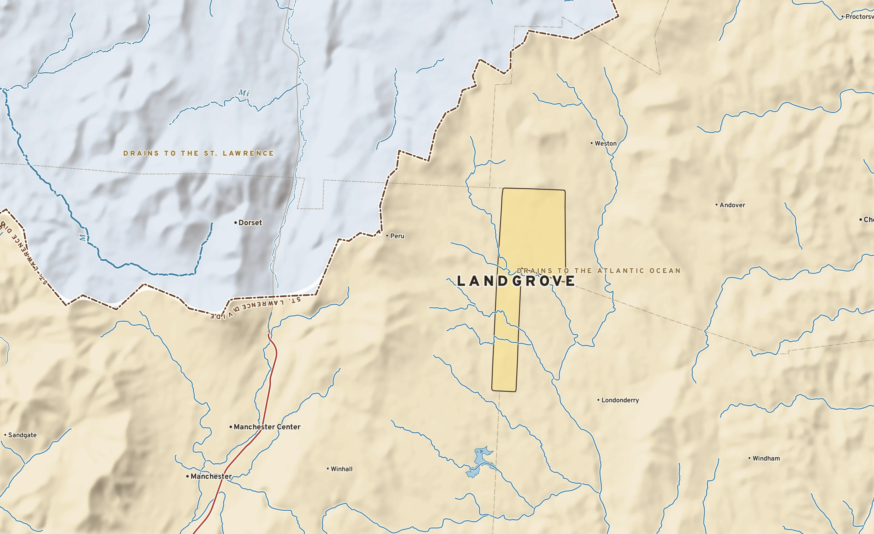Shaded-relief atlas plate of Landgrove, Vermont: rivers, roads, the city limits and where the water drains.