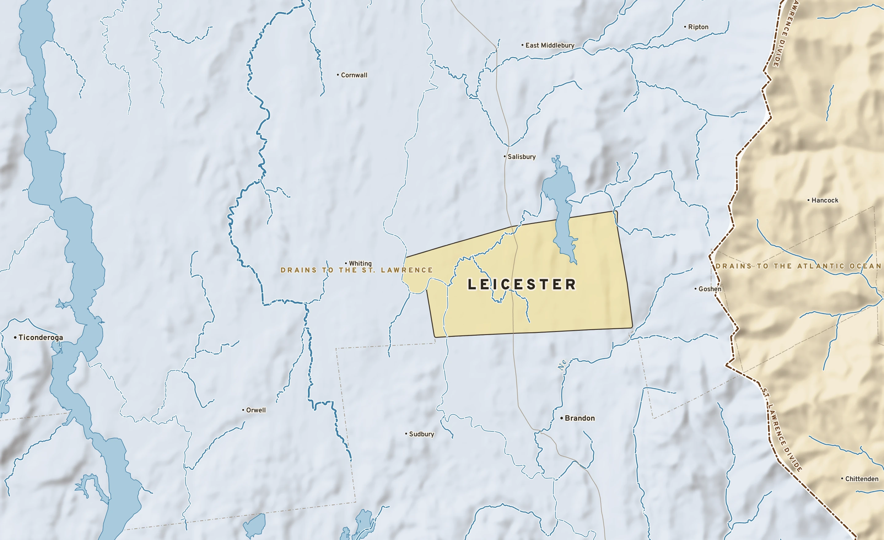 Shaded-relief atlas plate of Leicester, Vermont: rivers, roads, the city limits and where the water drains.