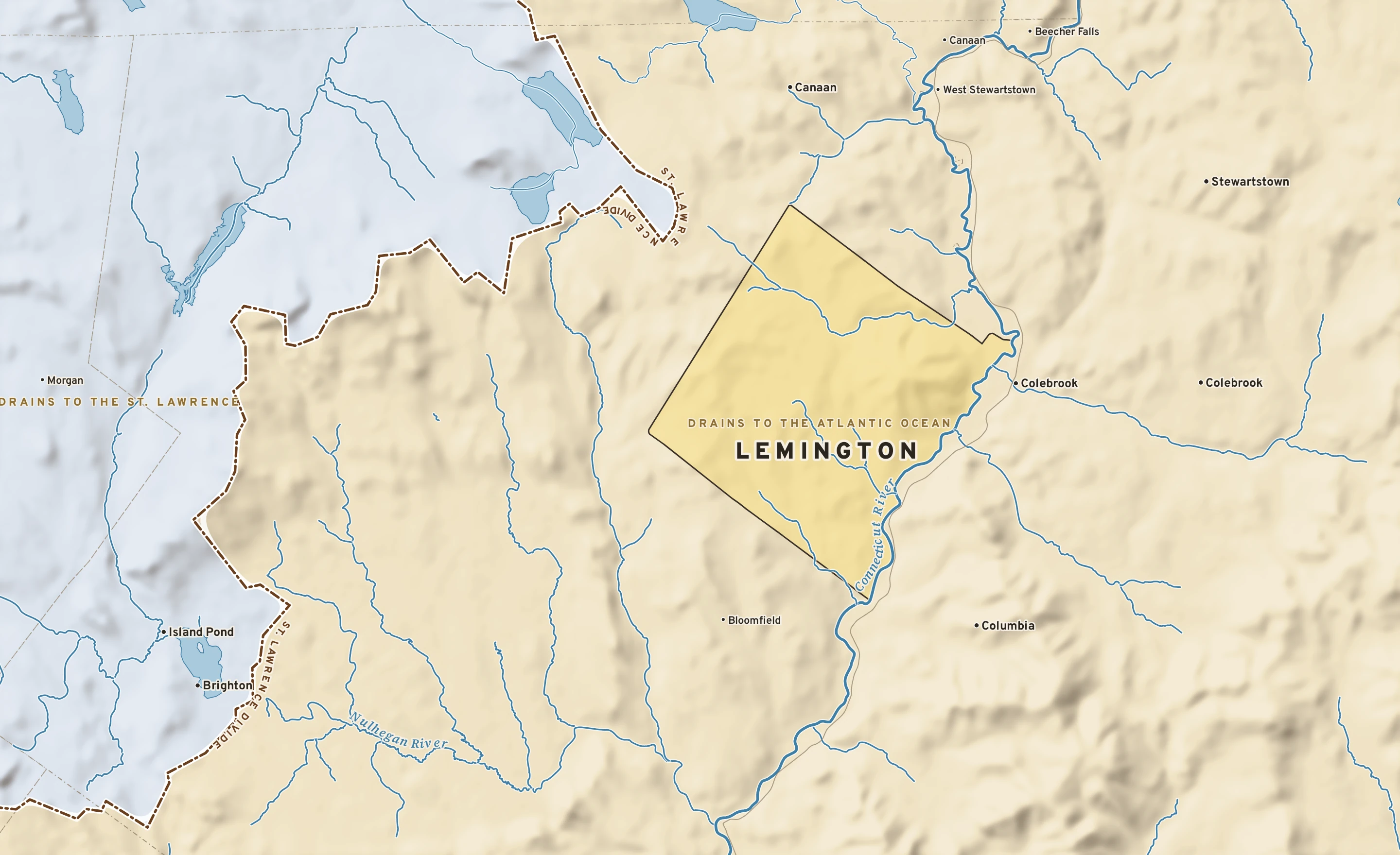 Shaded-relief atlas plate of Lemington, Vermont: rivers, roads, the city limits and where the water drains.