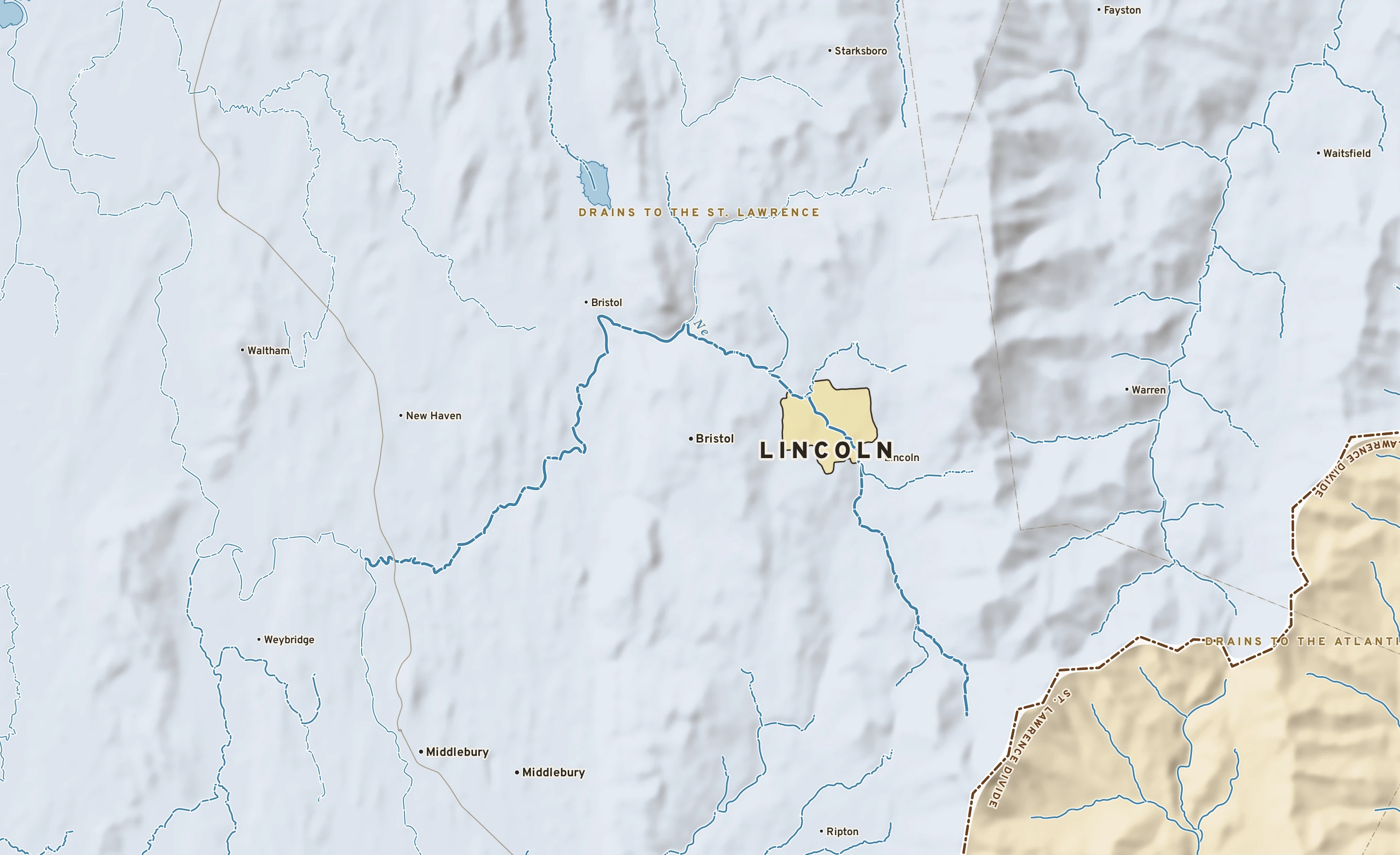 Shaded-relief atlas plate of Lincoln, Vermont: rivers, roads, the city limits and where the water drains.