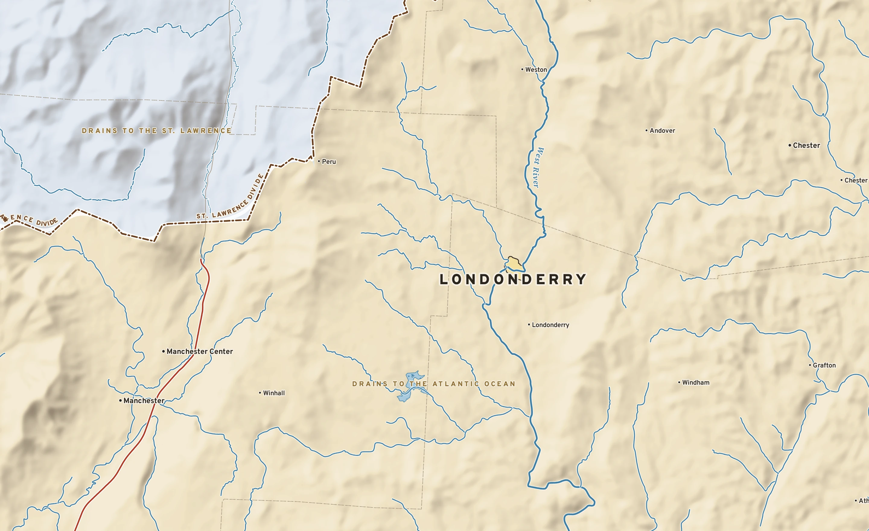 Shaded-relief atlas plate of Londonderry, Vermont: rivers, roads, the city limits and where the water drains.