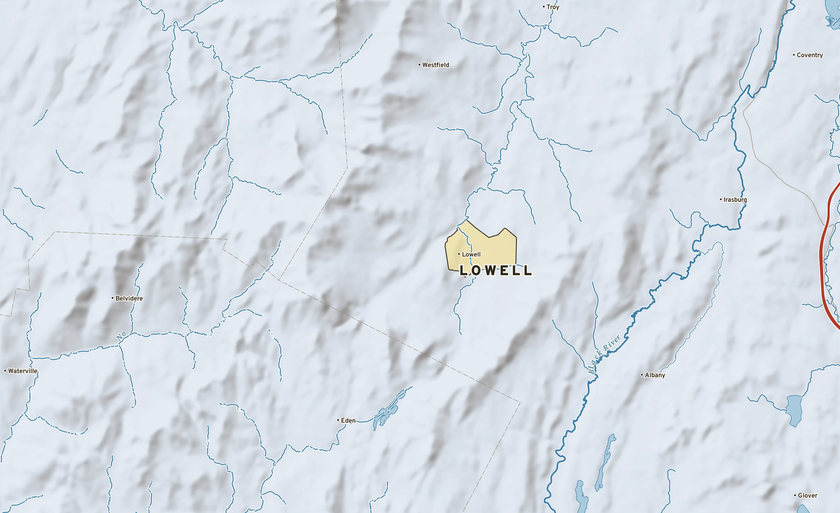 Shaded-relief atlas plate of Lowell, Vermont: rivers, roads, the city limits and where the water drains.
