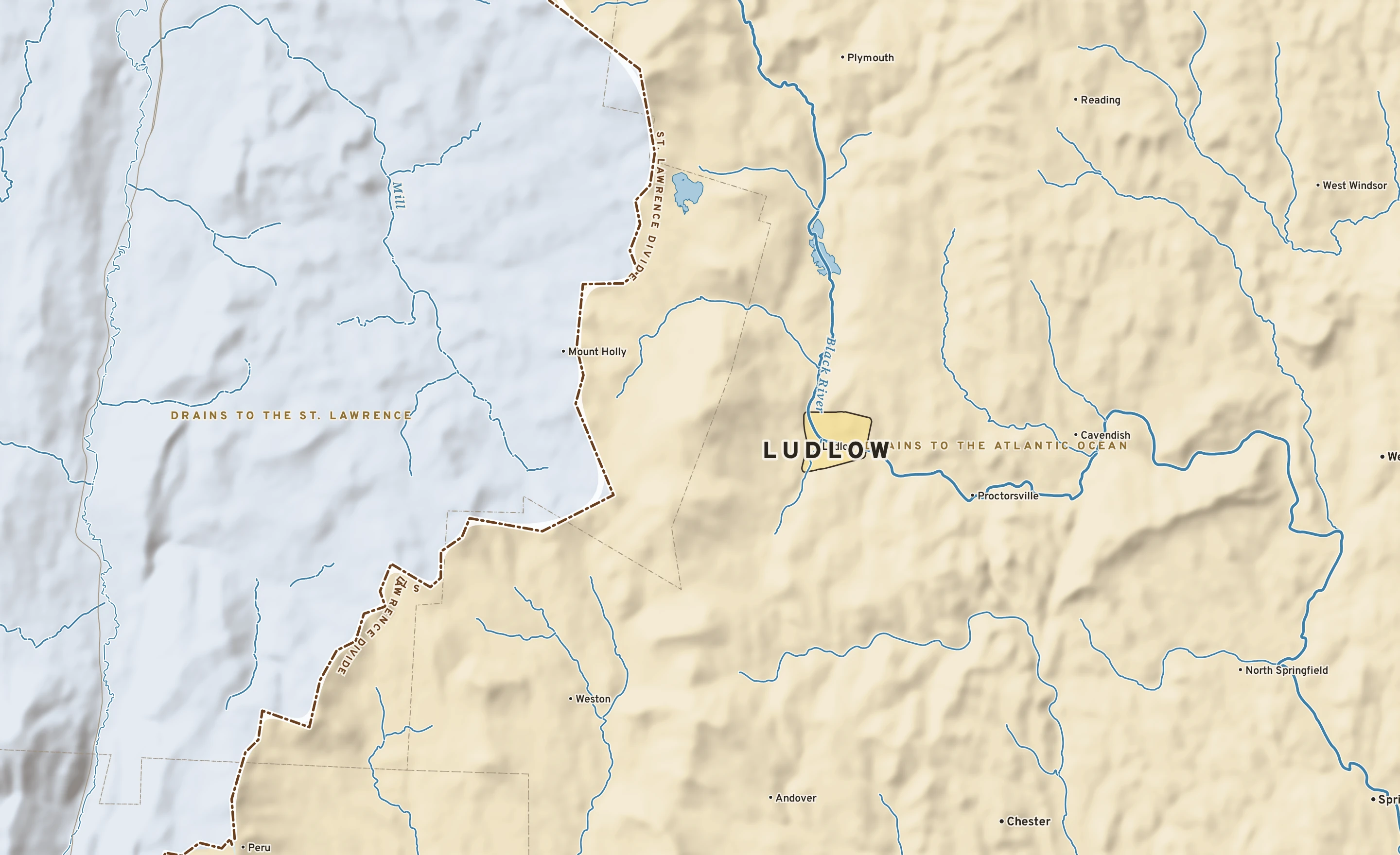 Shaded-relief atlas plate of Ludlow, Vermont: rivers, roads, the city limits and where the water drains.