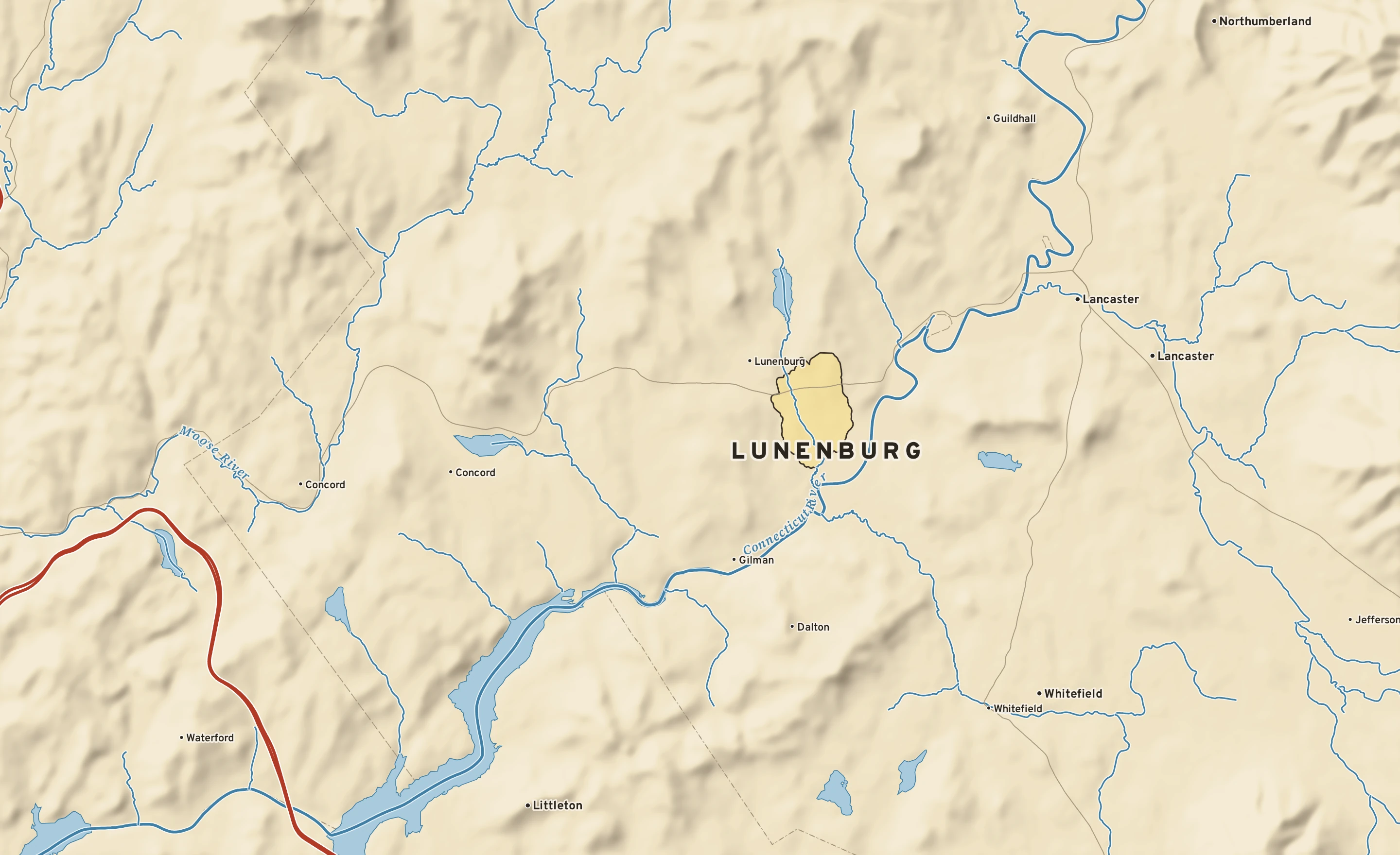 Shaded-relief atlas plate of Lunenburg, Vermont: rivers, roads, the city limits and where the water drains.