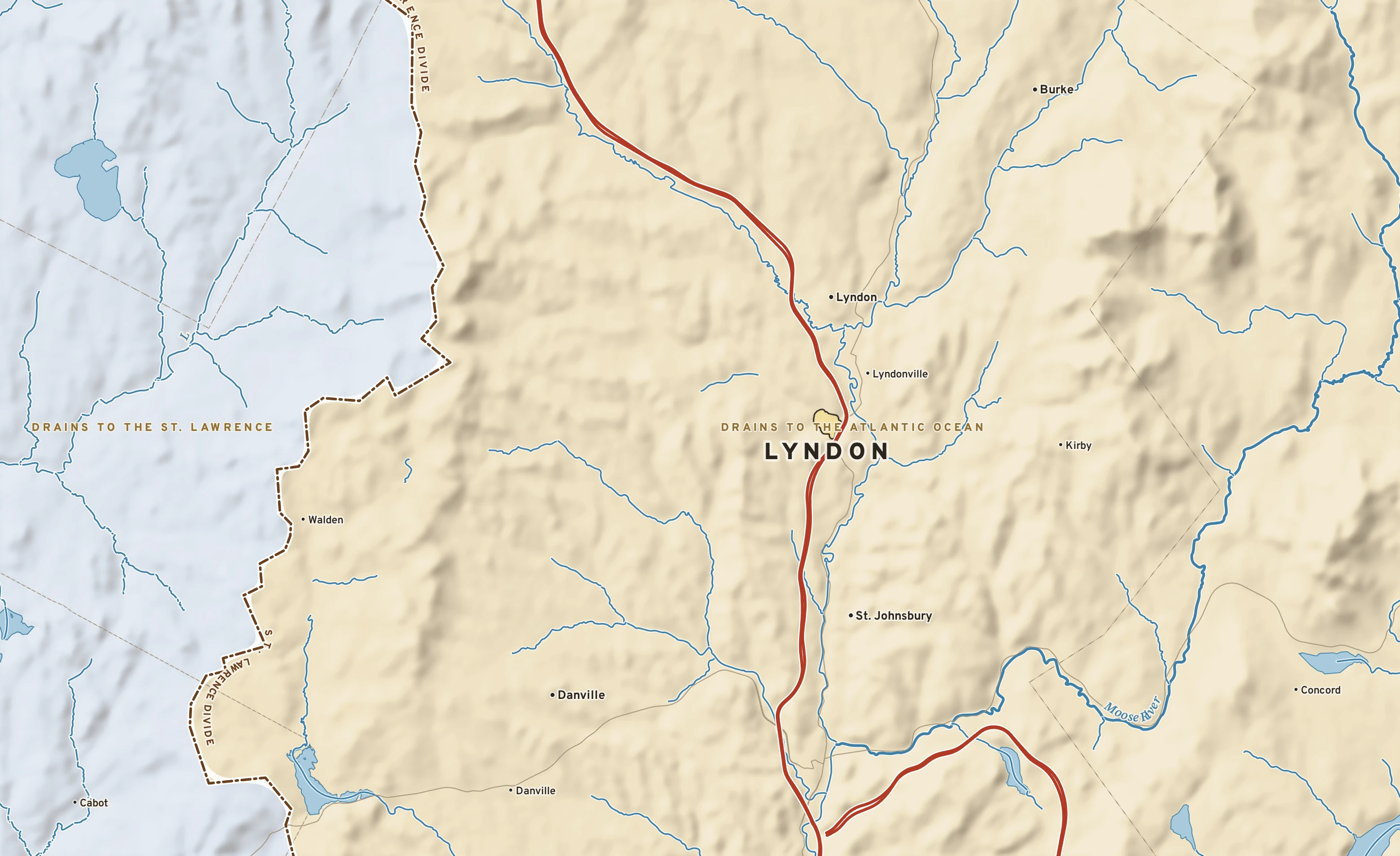 Shaded-relief atlas plate of Lyndon, Vermont: rivers, roads, the city limits and where the water drains.