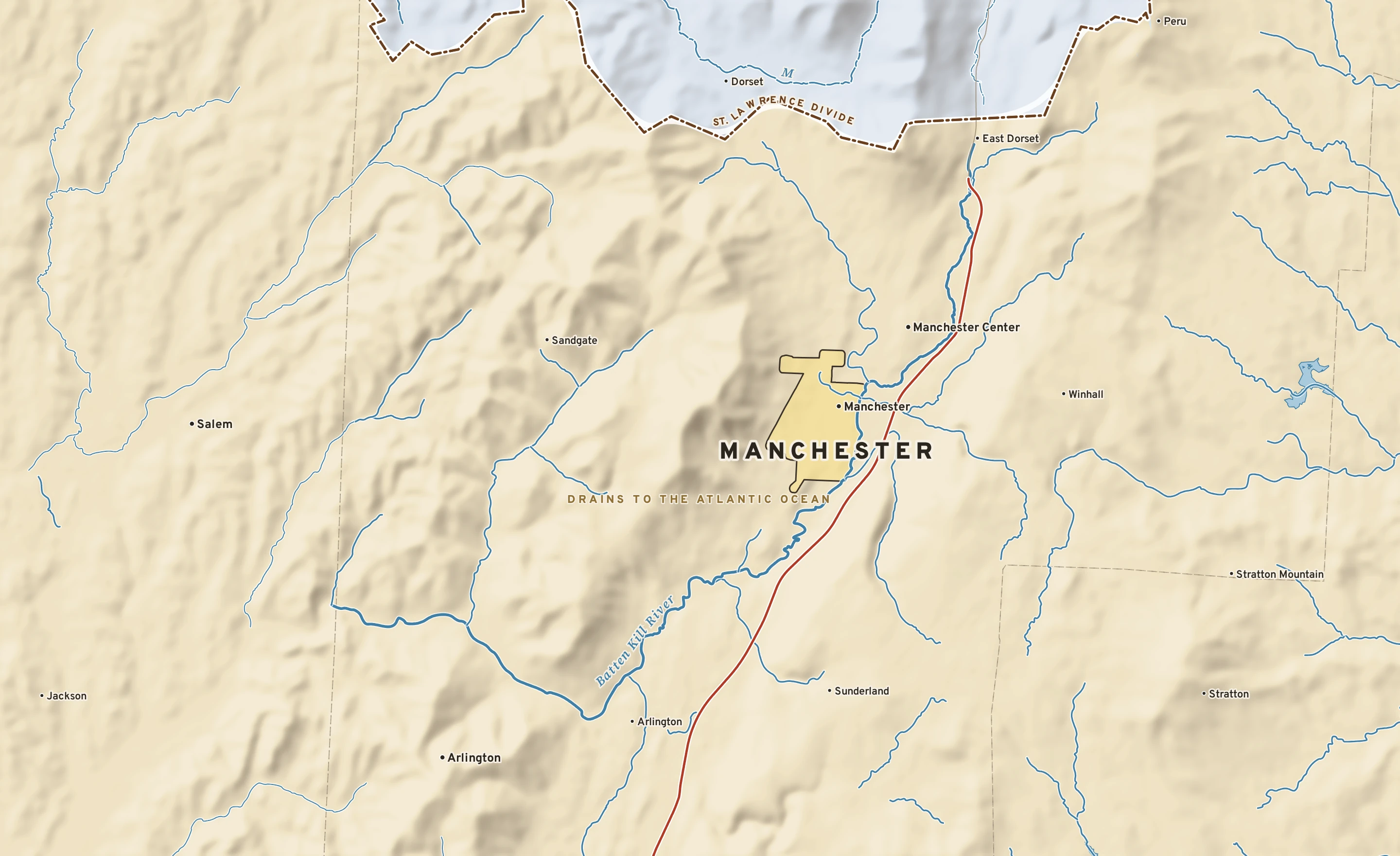 Shaded-relief atlas plate of Manchester, Vermont: rivers, roads, the city limits and where the water drains.