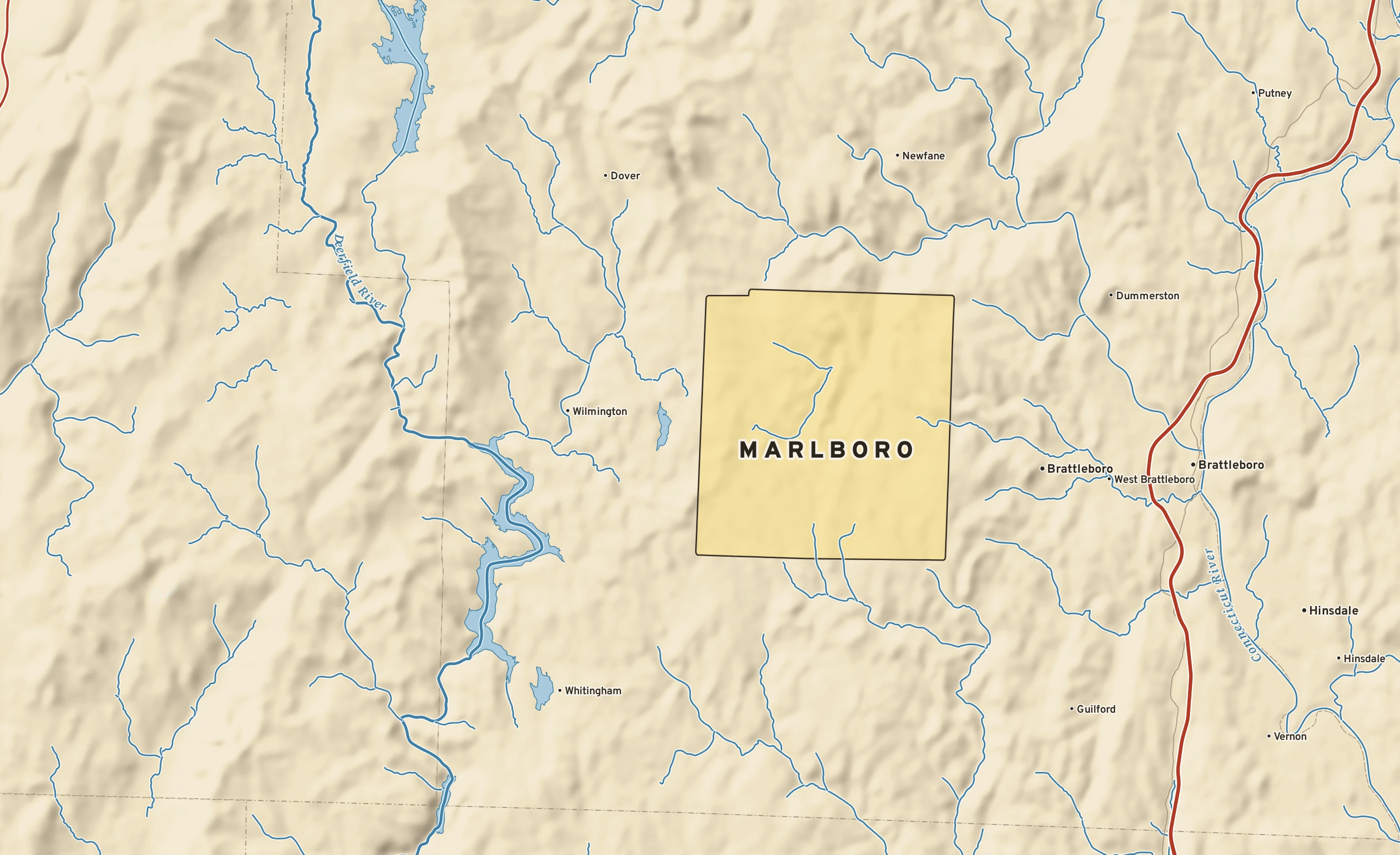 Shaded-relief atlas plate of Marlboro, Vermont: rivers, roads, the city limits and where the water drains.