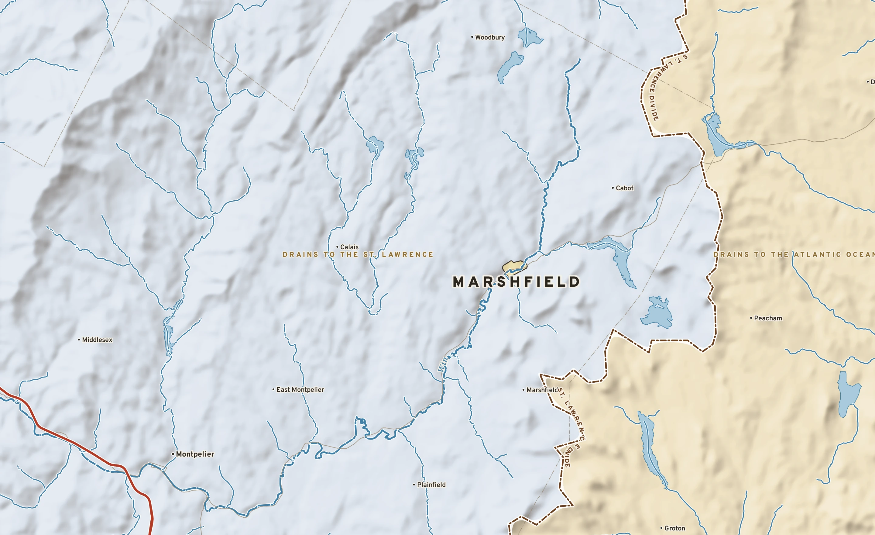 Shaded-relief atlas plate of Marshfield, Vermont: rivers, roads, the city limits and where the water drains.