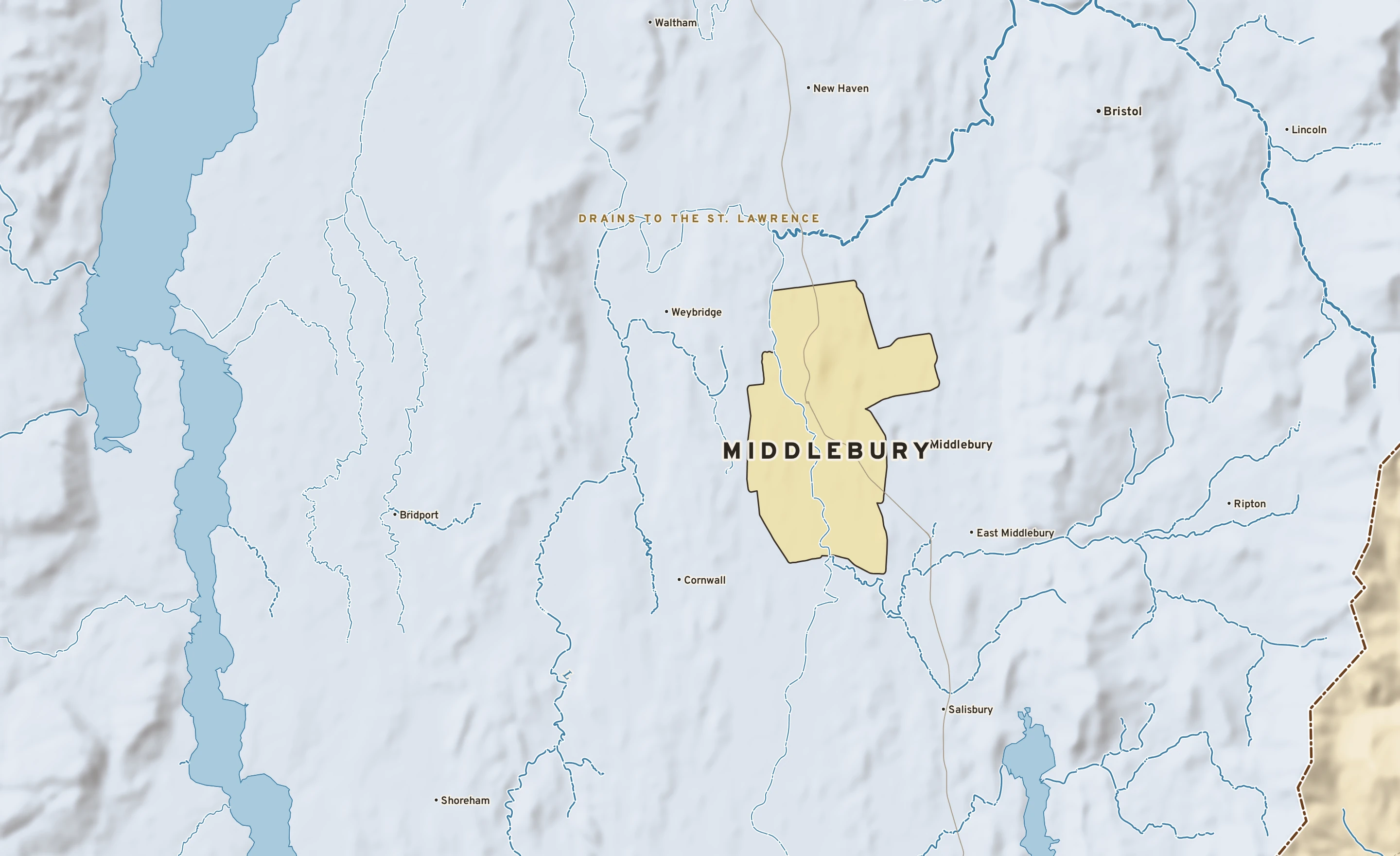 Shaded-relief atlas plate of Middlebury, Vermont: rivers, roads, the city limits and where the water drains.