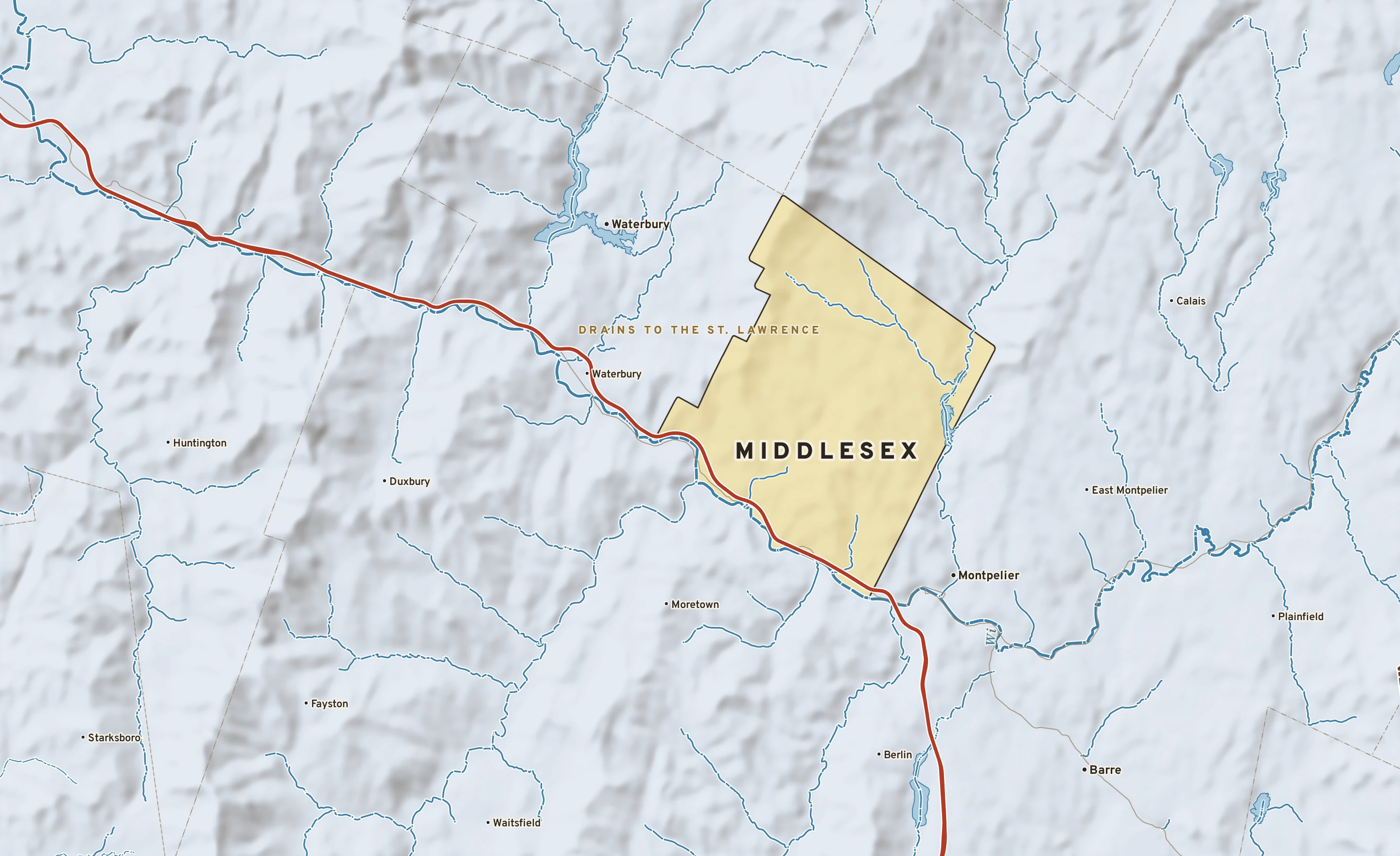Shaded-relief atlas plate of Middlesex, Vermont: rivers, roads, the city limits and where the water drains.