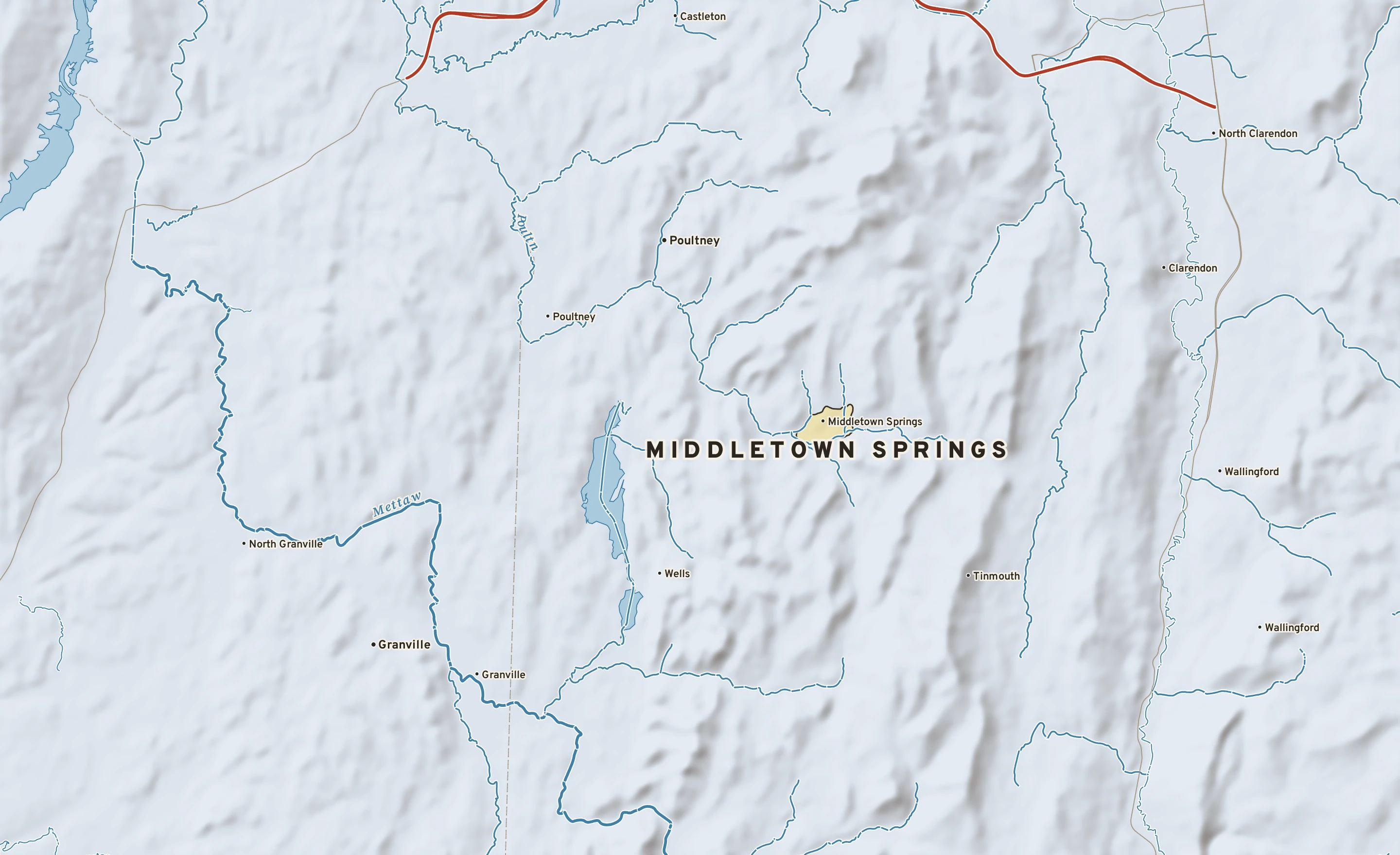 Shaded-relief atlas plate of Middletown Springs, Vermont: rivers, roads, the city limits and where the water drains.