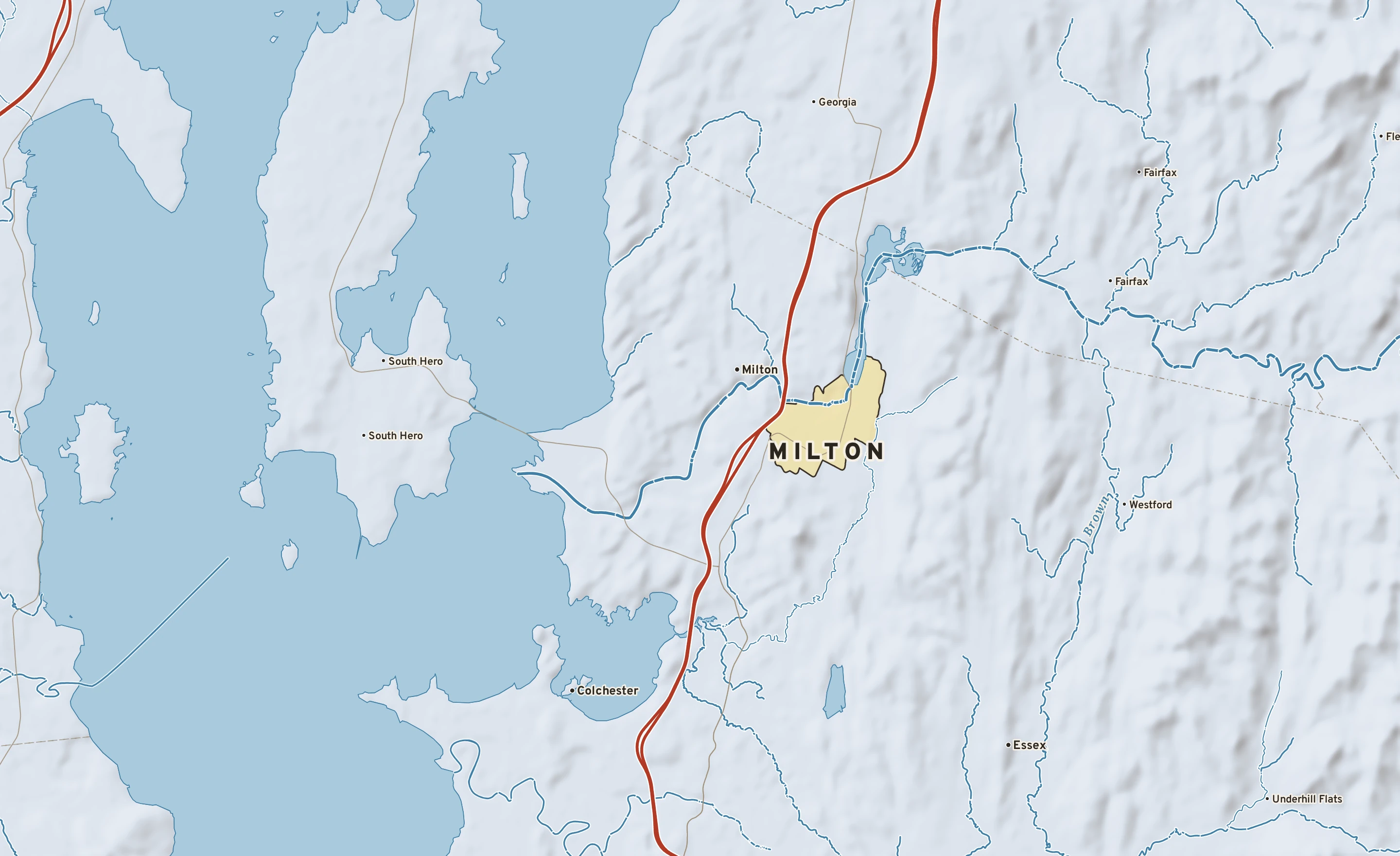 Shaded-relief atlas plate of Milton, Vermont: rivers, roads, the city limits and where the water drains.