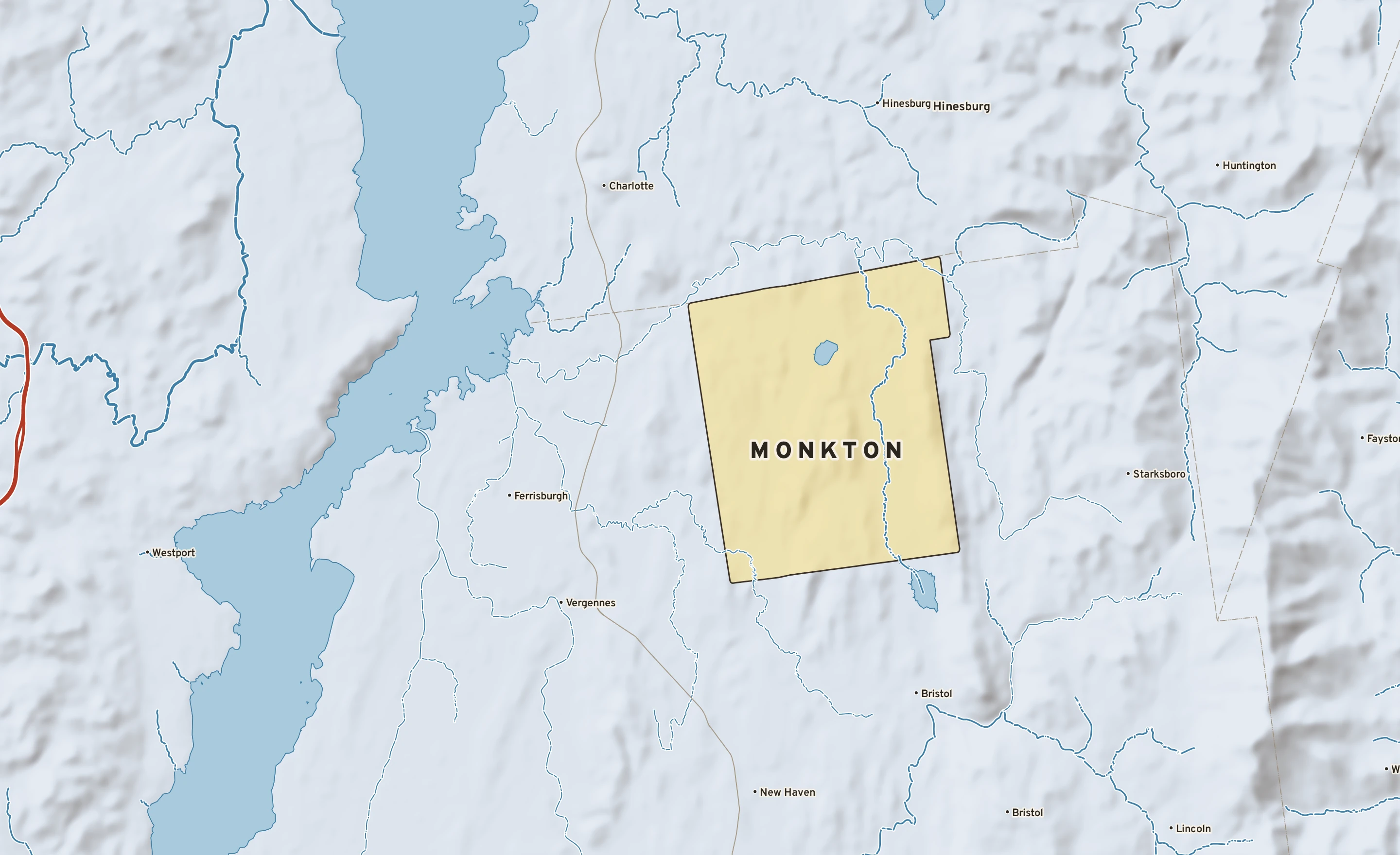 Shaded-relief atlas plate of Monkton, Vermont: rivers, roads, the city limits and where the water drains.