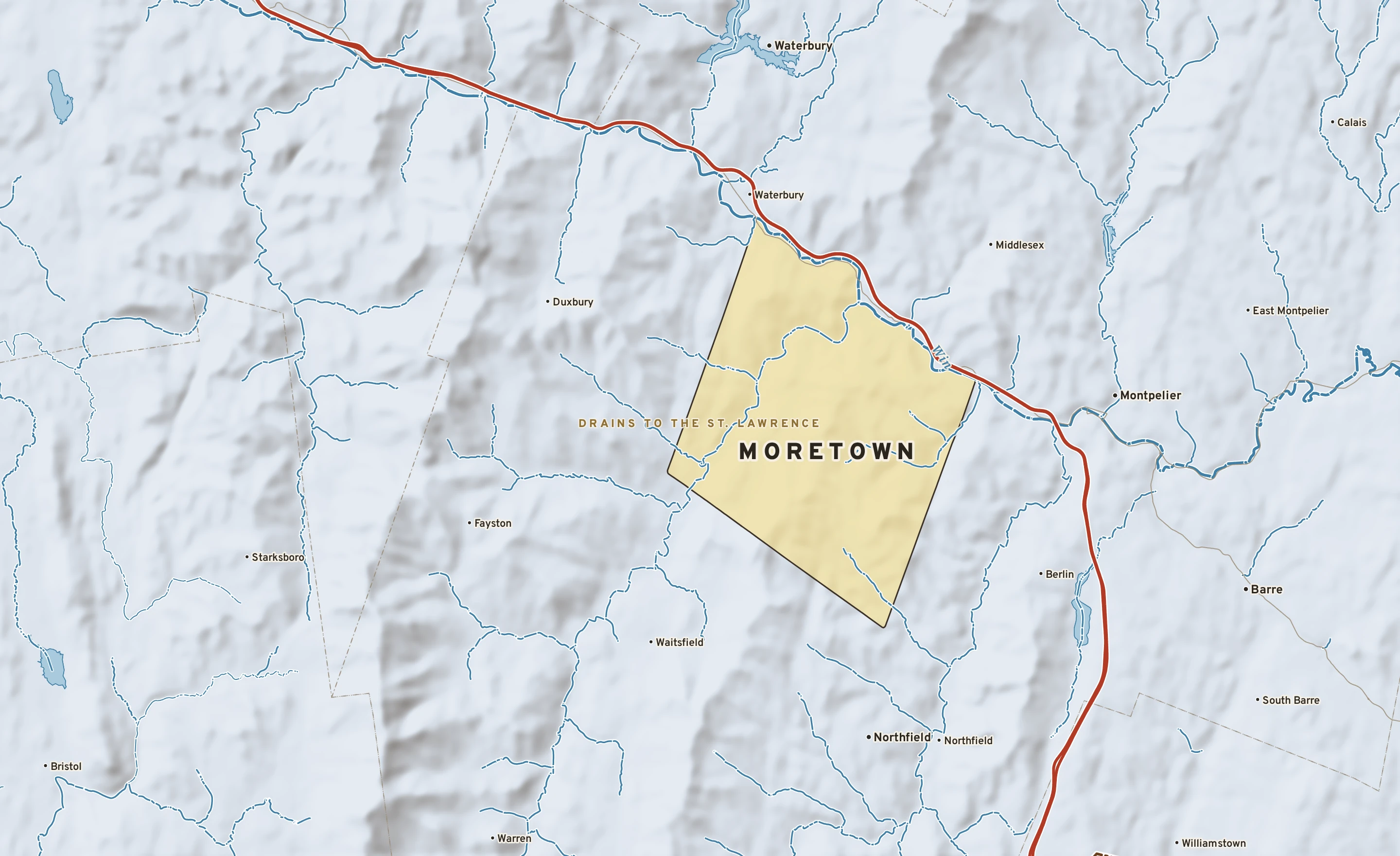 Shaded-relief atlas plate of Moretown, Vermont: rivers, roads, the city limits and where the water drains.