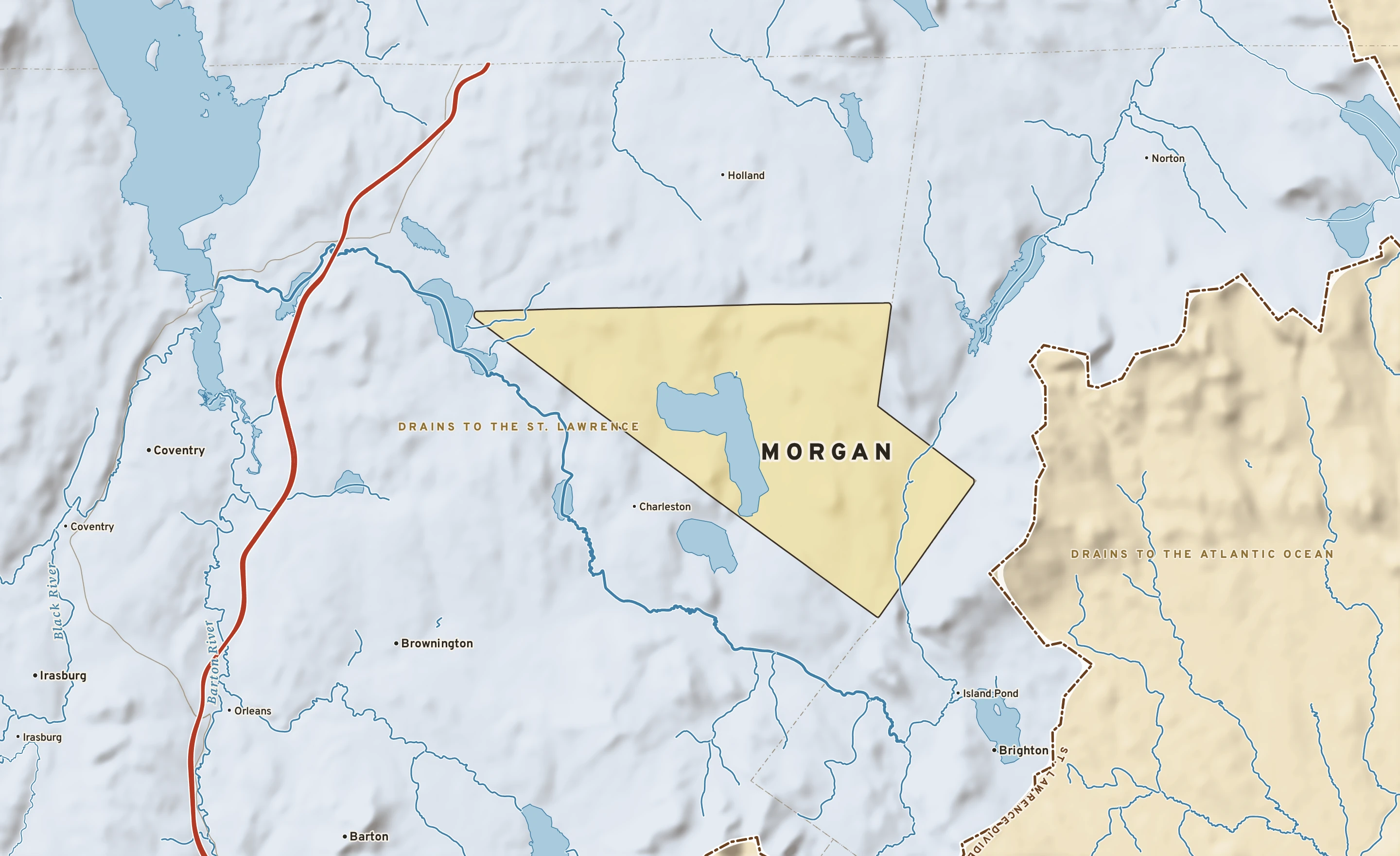 Shaded-relief atlas plate of Morgan, Vermont: rivers, roads, the city limits and where the water drains.