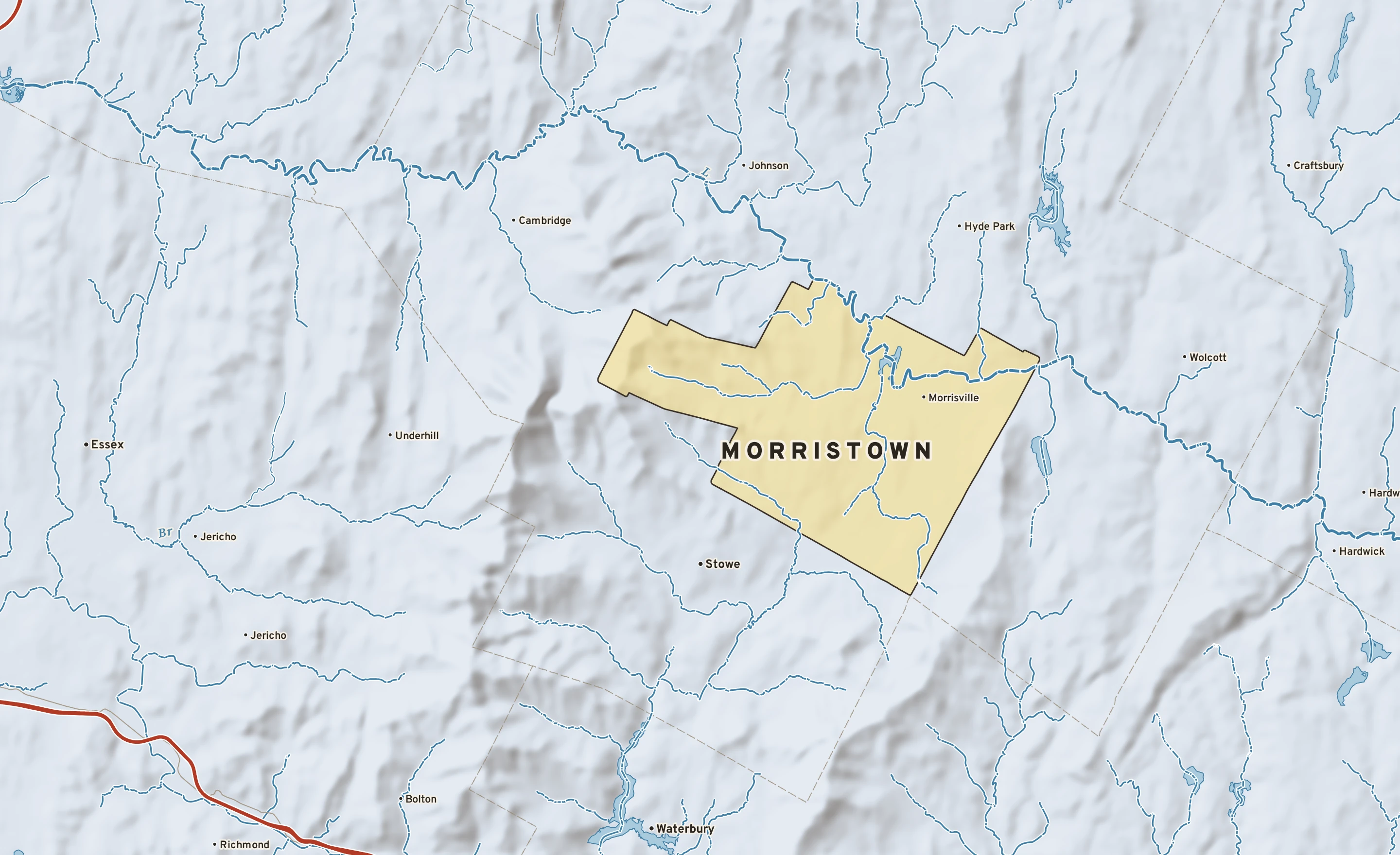 Shaded-relief atlas plate of Morristown, Vermont: rivers, roads, the city limits and where the water drains.