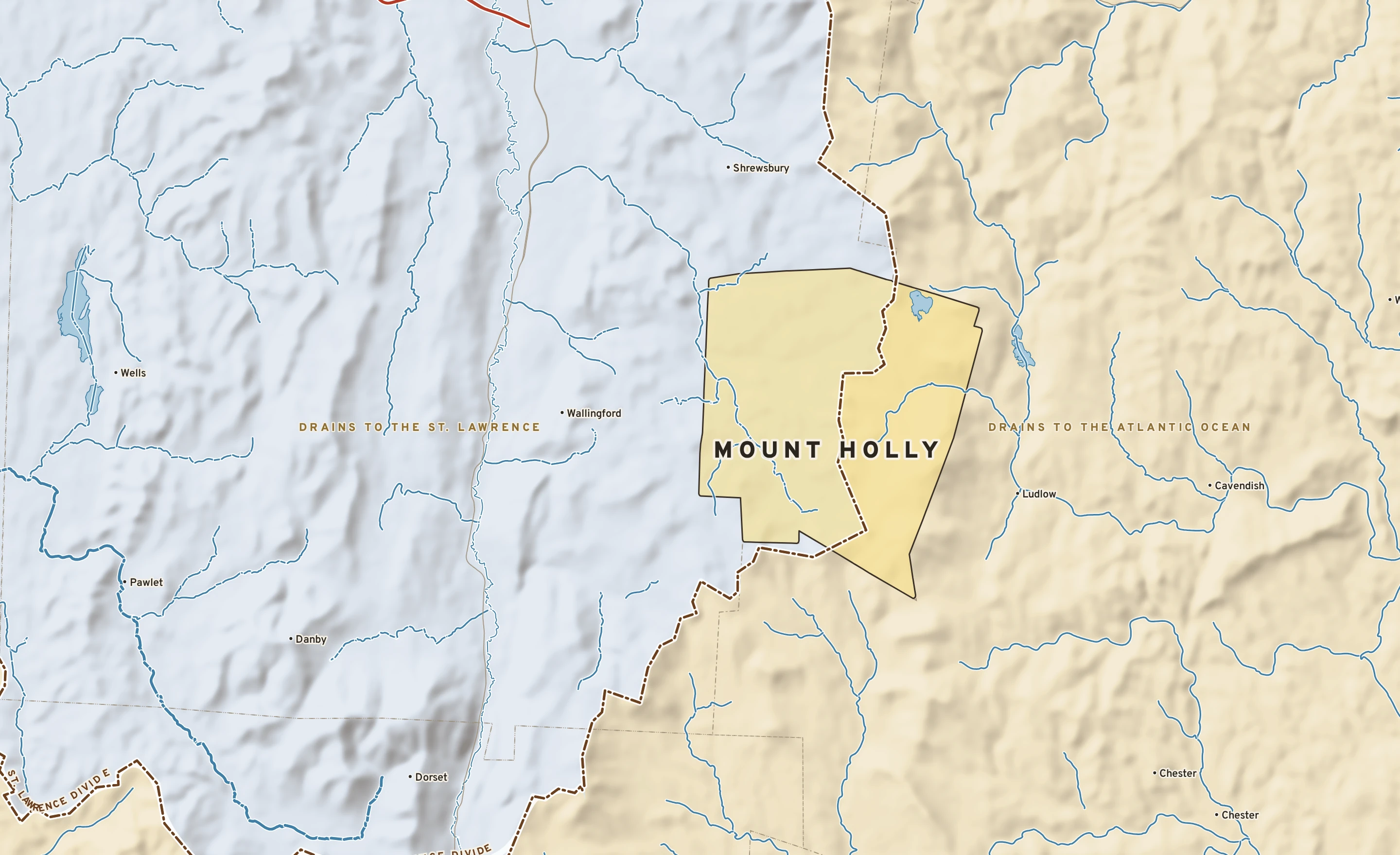 Shaded-relief atlas plate of Mount Holly, Vermont: rivers, roads, the city limits and where the water drains.