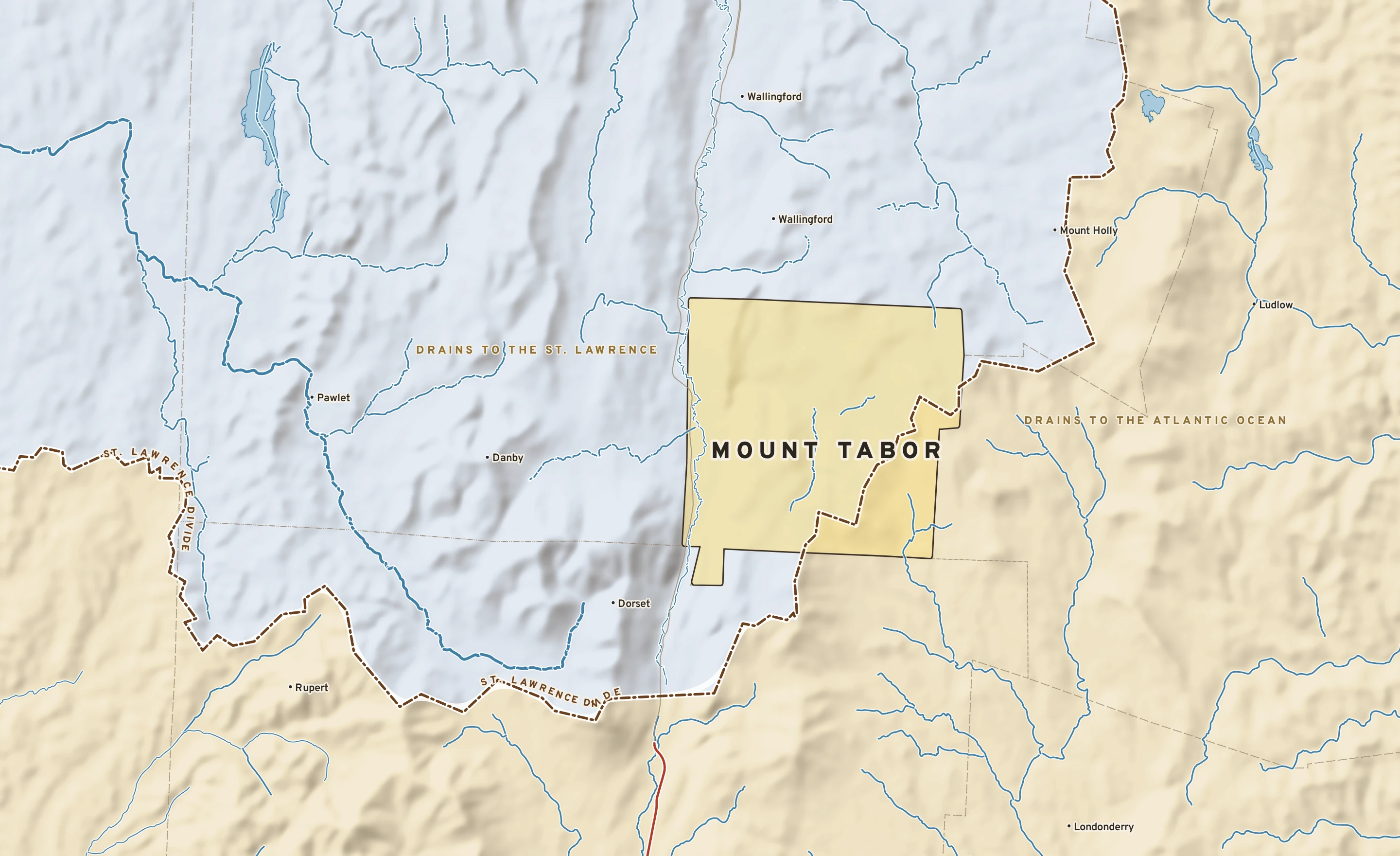 Shaded-relief atlas plate of Mount Tabor, Vermont: rivers, roads, the city limits and where the water drains.