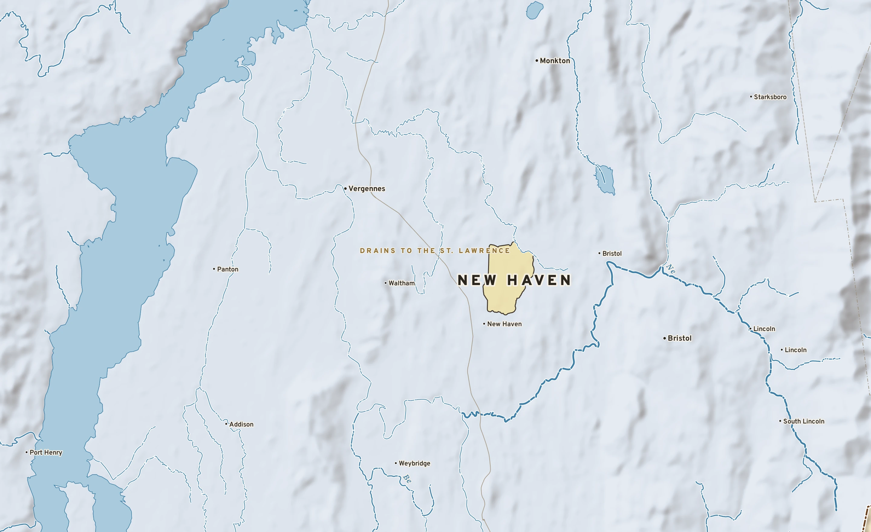 Shaded-relief atlas plate of New Haven, Vermont: rivers, roads, the city limits and where the water drains.