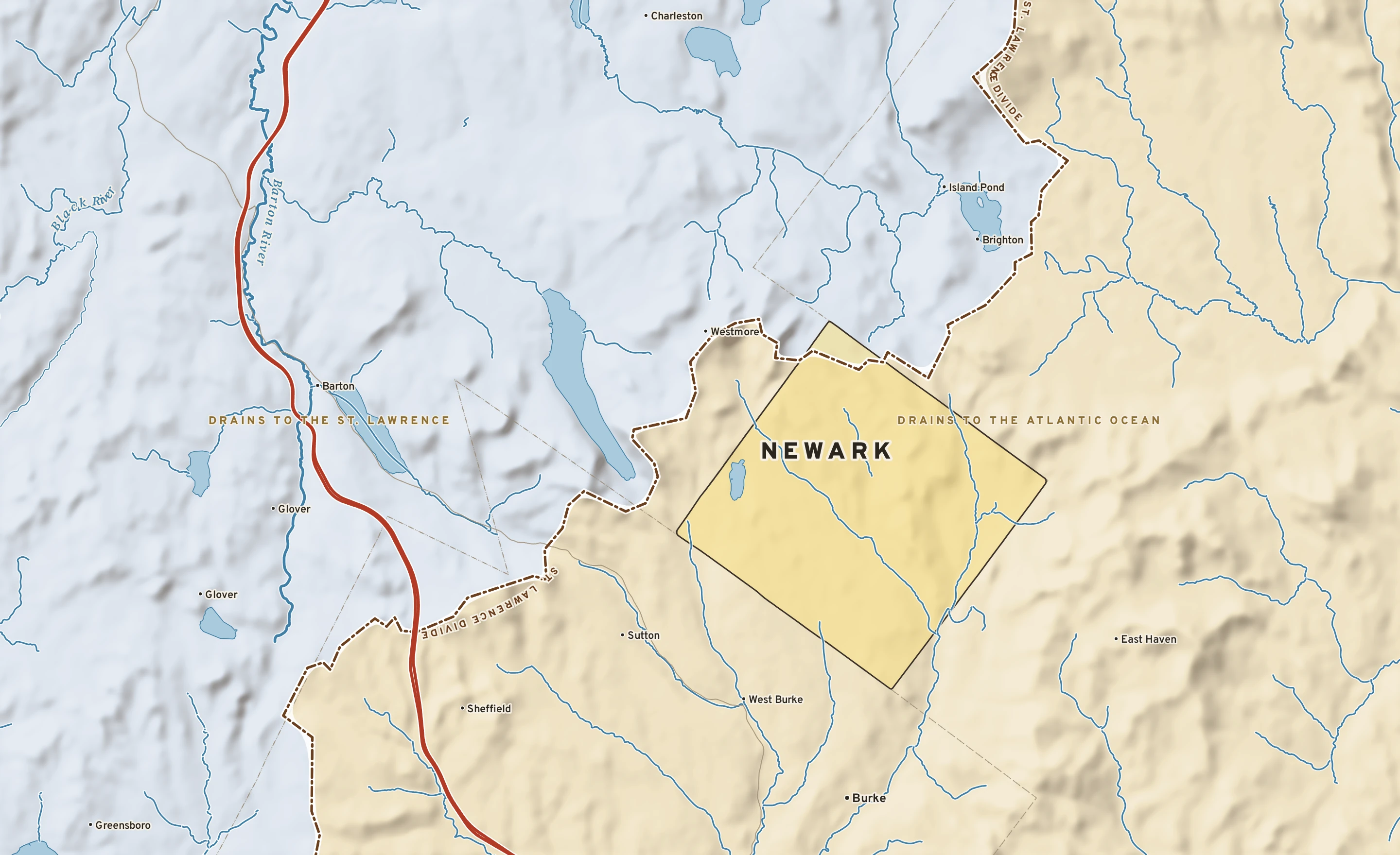 Shaded-relief atlas plate of Newark, Vermont: rivers, roads, the city limits and where the water drains.