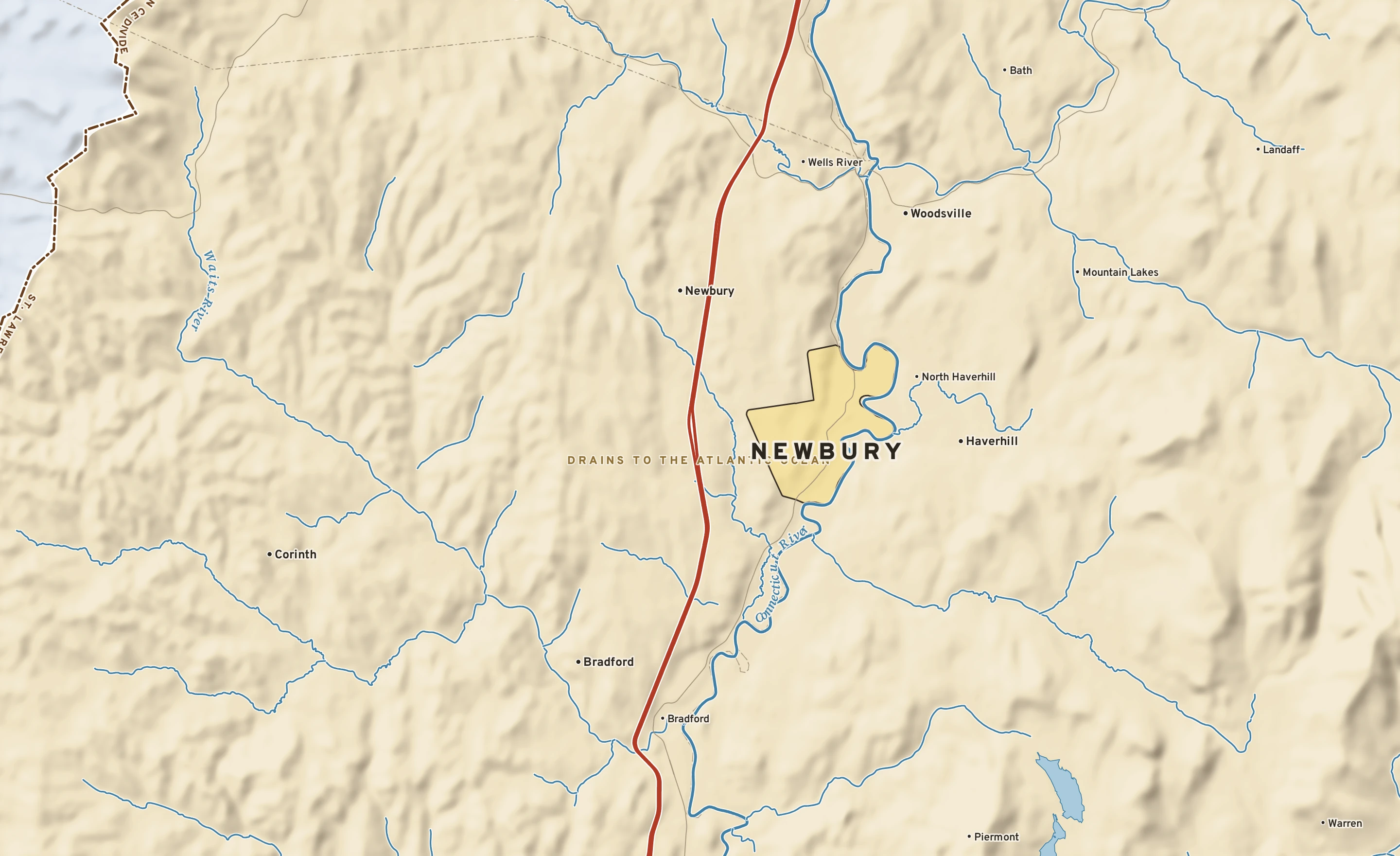 Shaded-relief atlas plate of Newbury, Vermont: rivers, roads, the city limits and where the water drains.