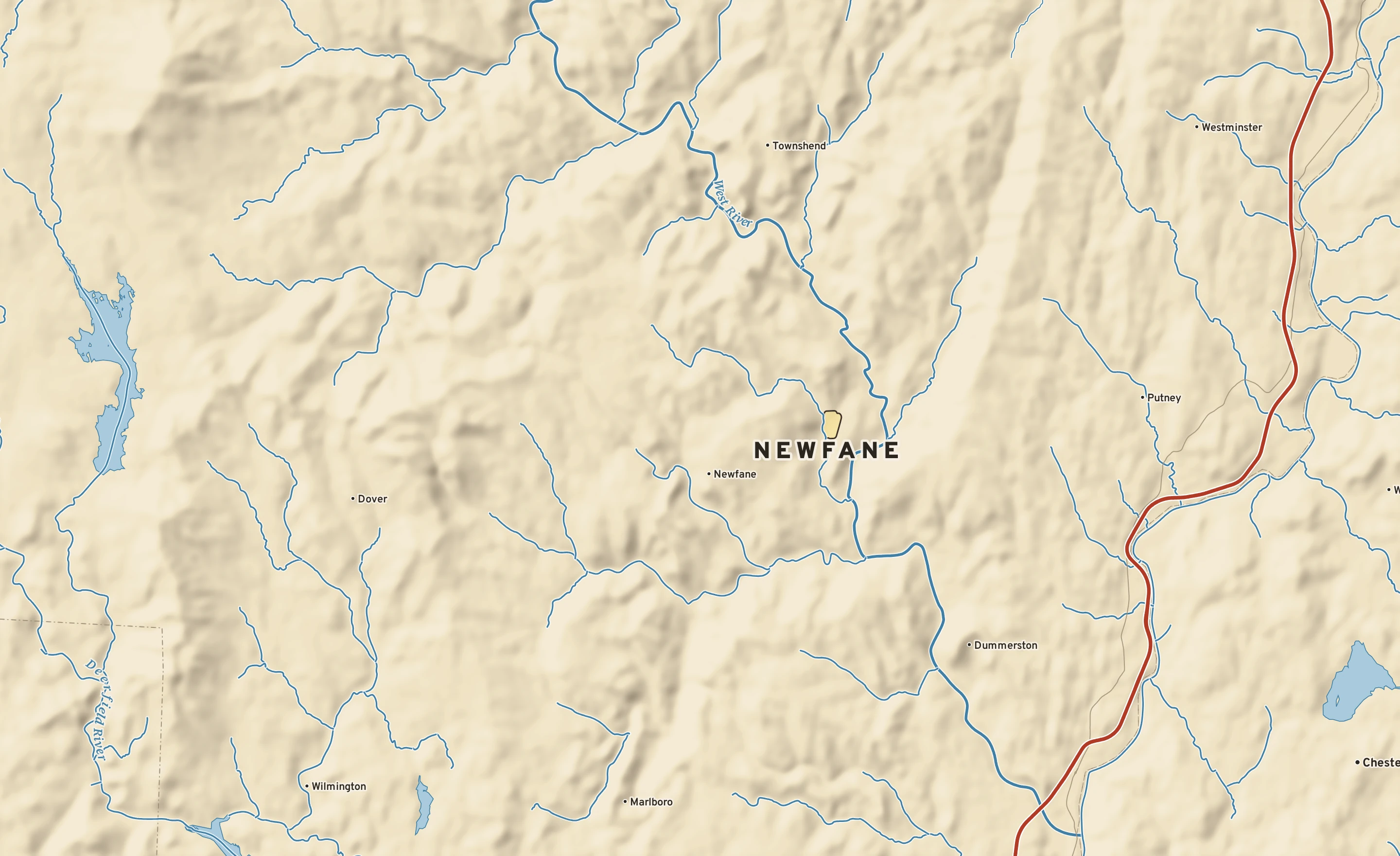 Shaded-relief atlas plate of Newfane, Vermont: rivers, roads, the city limits and where the water drains.