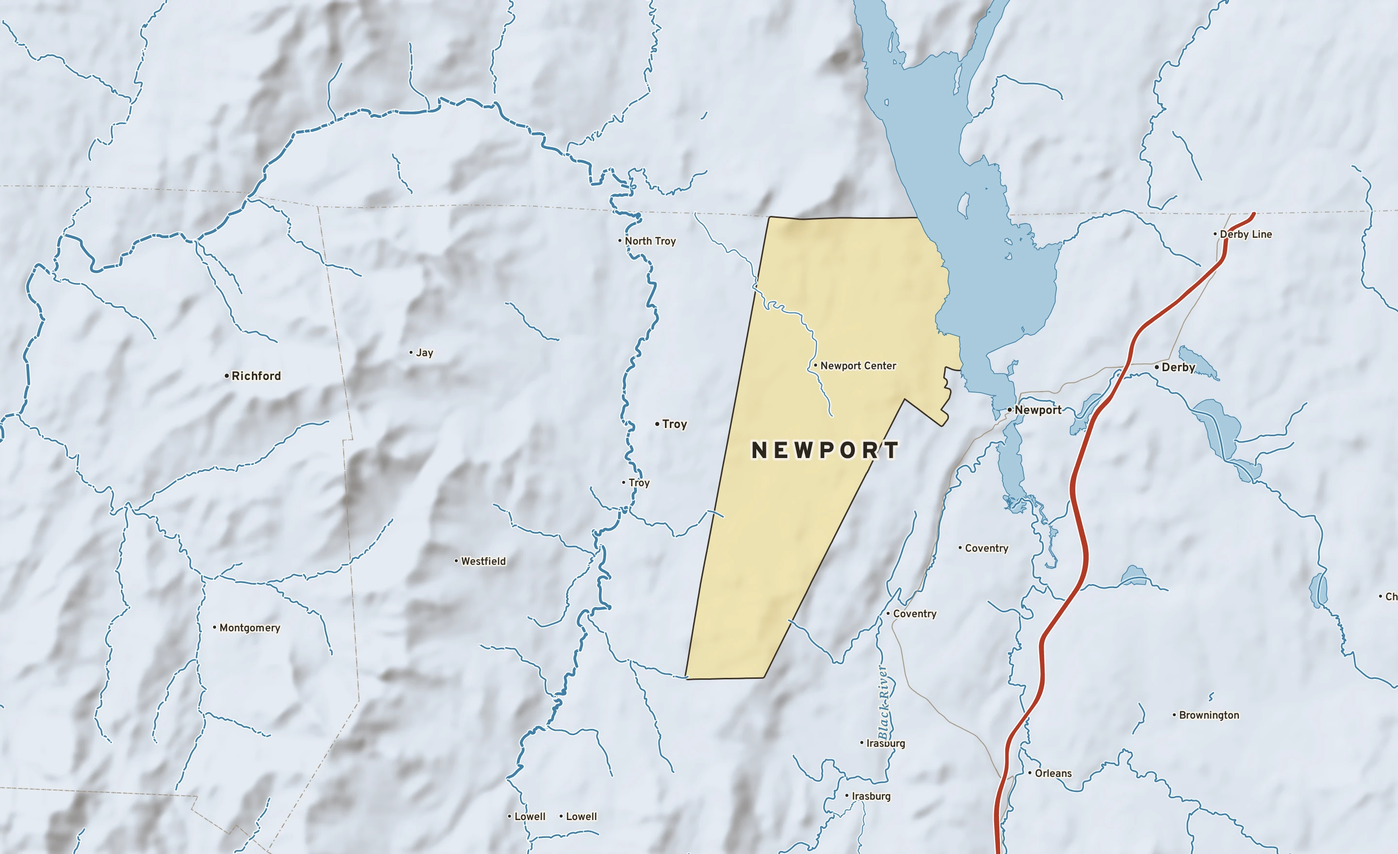 Shaded-relief atlas plate of Newport, Vermont: rivers, roads, the city limits and where the water drains.