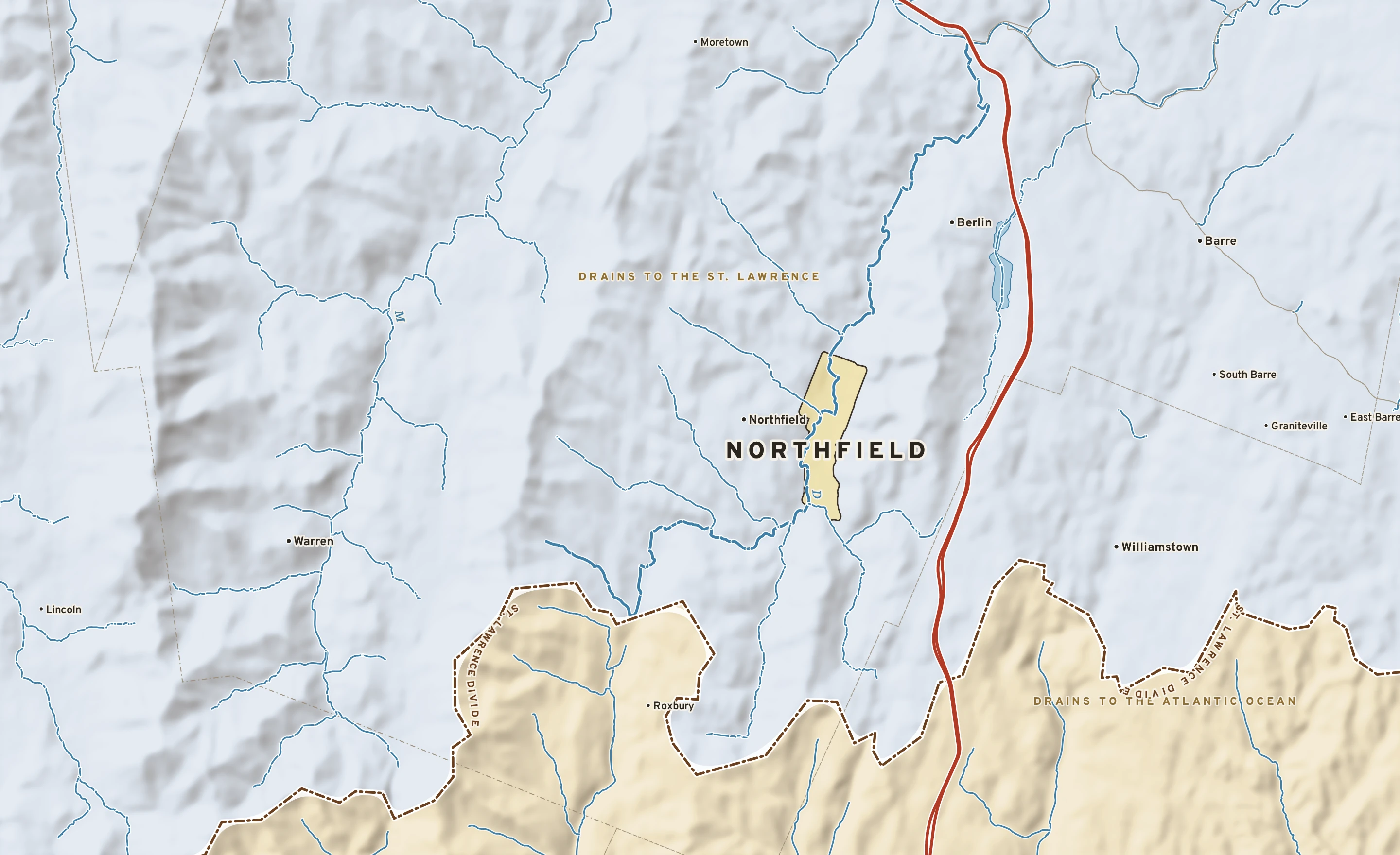 Shaded-relief atlas plate of Northfield, Vermont: rivers, roads, the city limits and where the water drains.