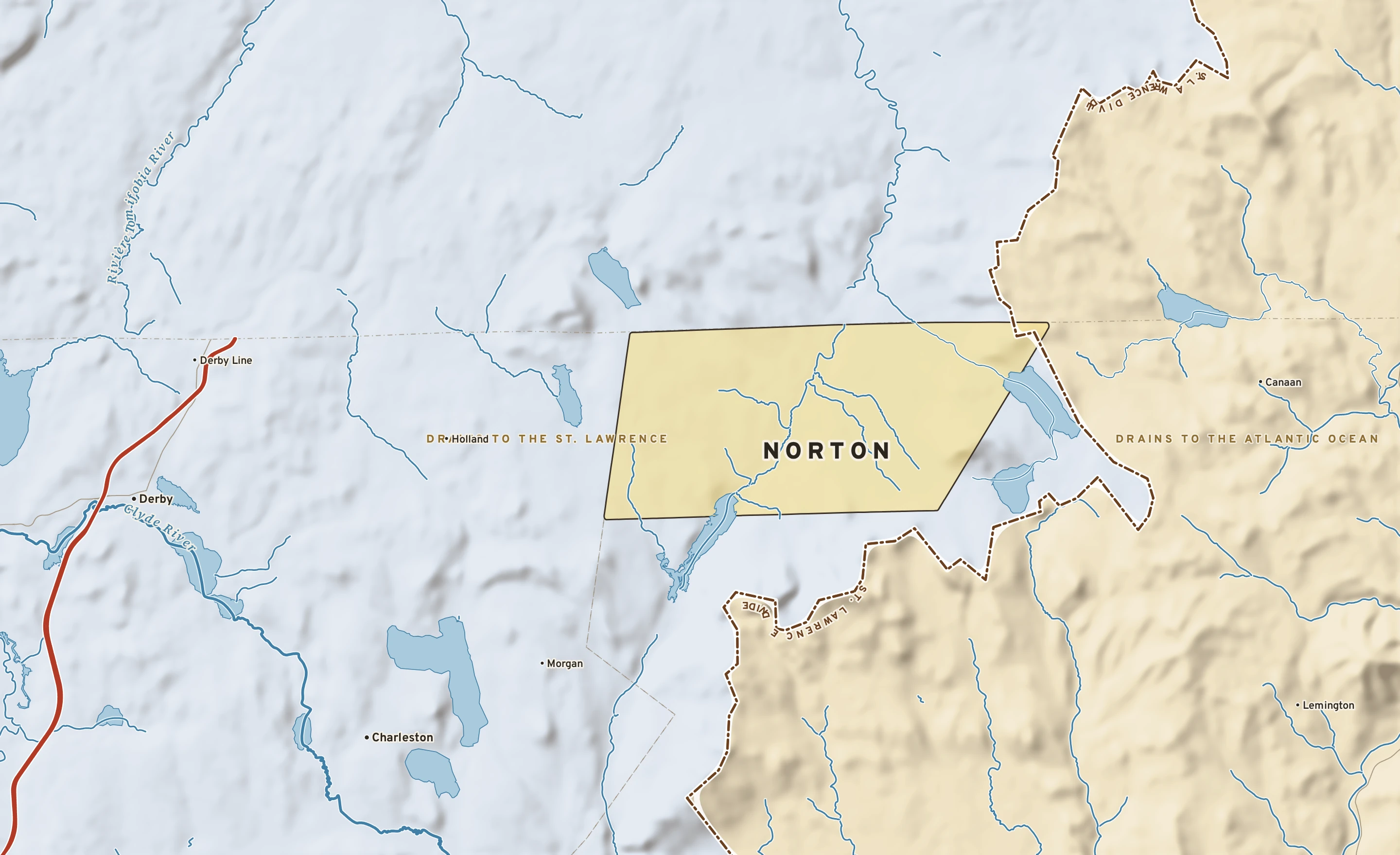 Shaded-relief atlas plate of Norton, Vermont: rivers, roads, the city limits and where the water drains.