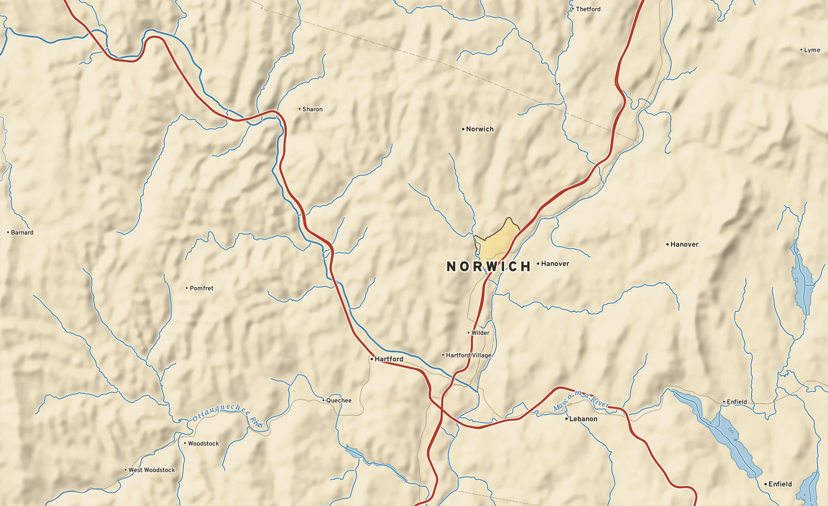 Shaded-relief atlas plate of Norwich, Vermont: rivers, roads, the city limits and where the water drains.