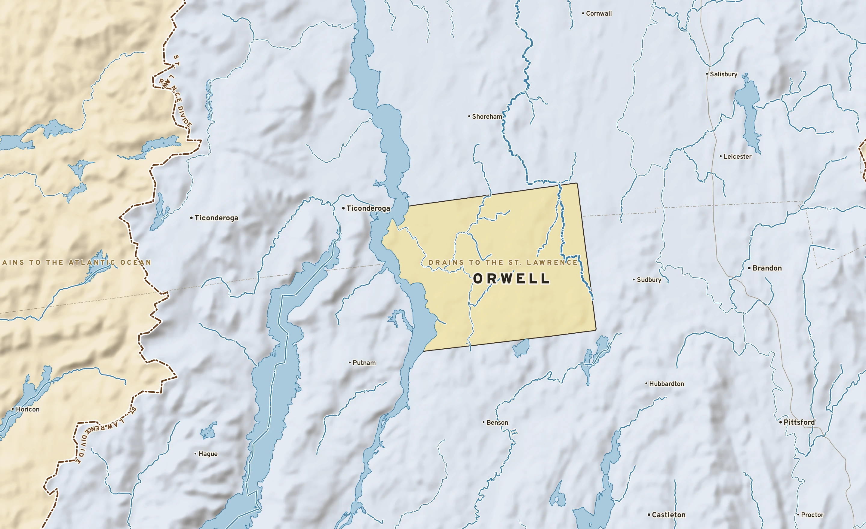 Shaded-relief atlas plate of Orwell, Vermont: rivers, roads, the city limits and where the water drains.