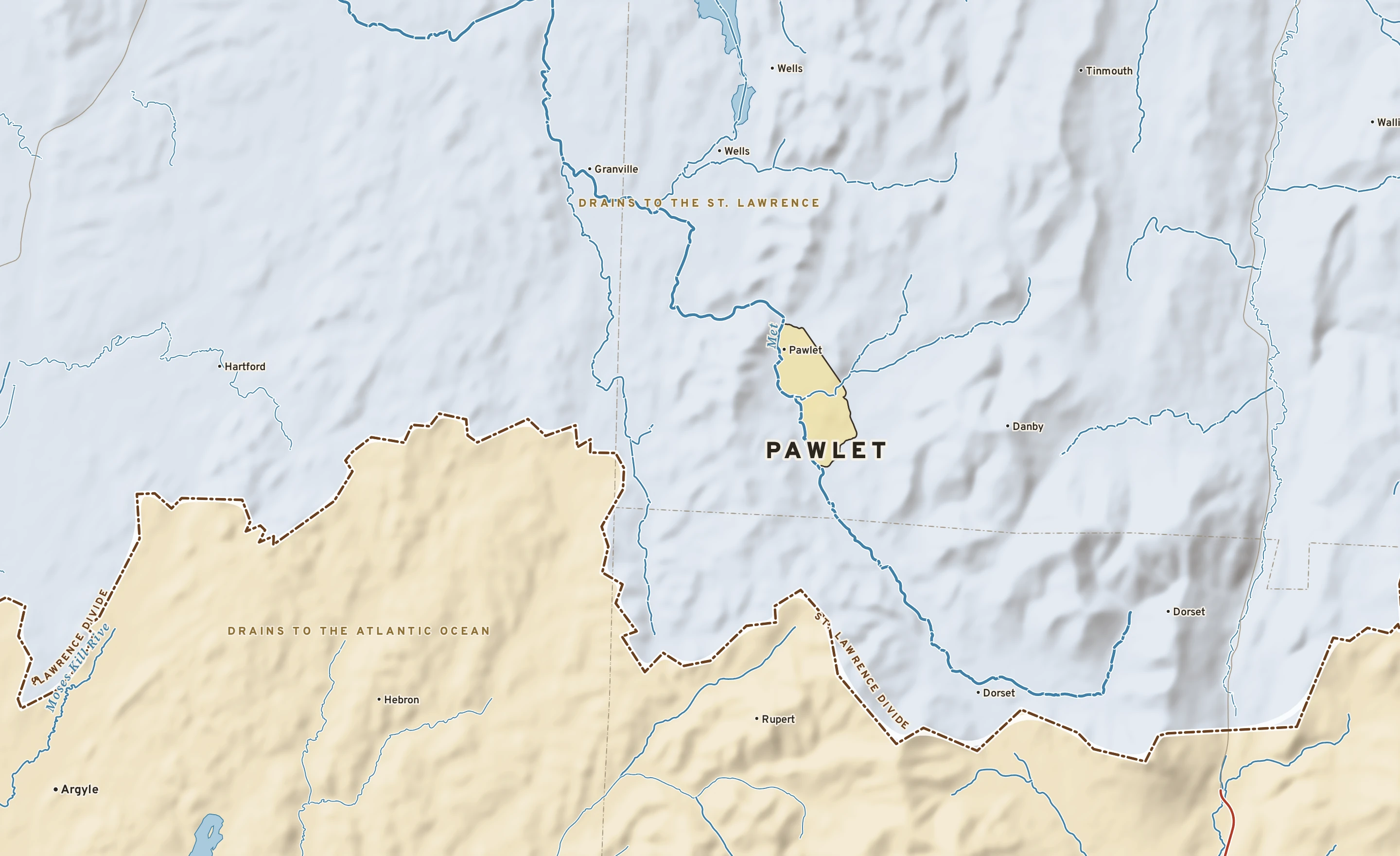 Shaded-relief atlas plate of Pawlet, Vermont: rivers, roads, the city limits and where the water drains.