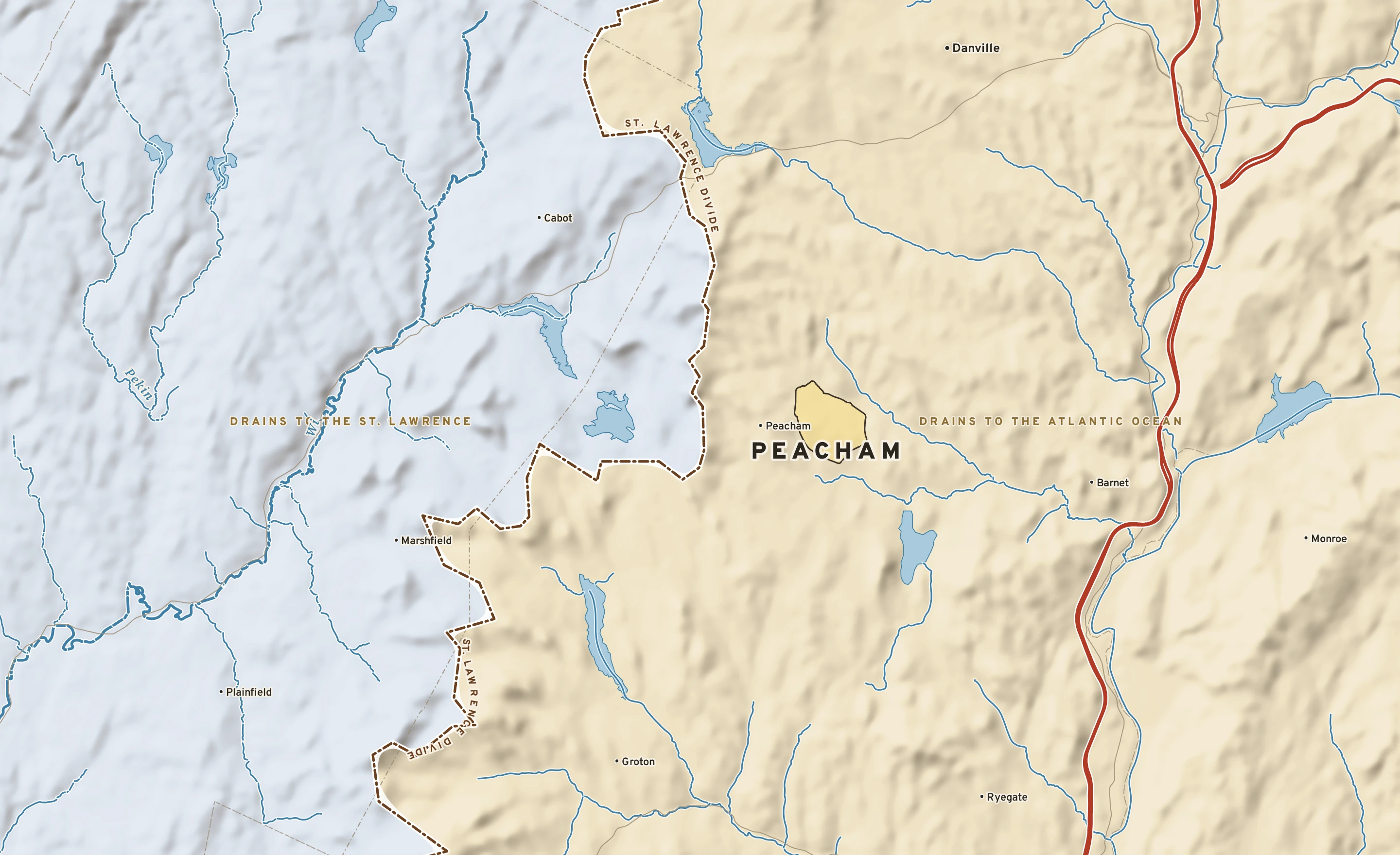 Shaded-relief atlas plate of Peacham, Vermont: rivers, roads, the city limits and where the water drains.