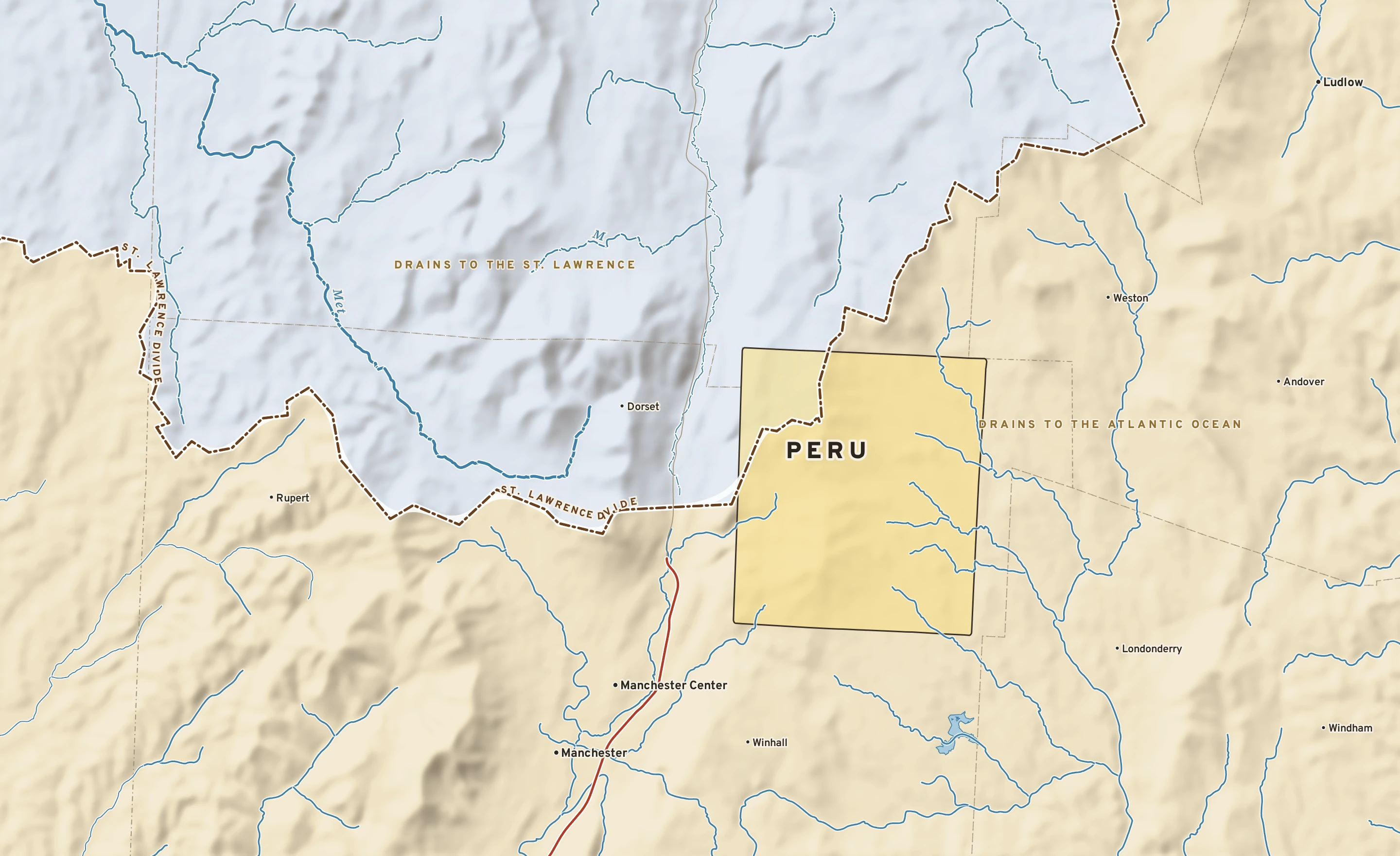 Shaded-relief atlas plate of Peru, Vermont: rivers, roads, the city limits and where the water drains.