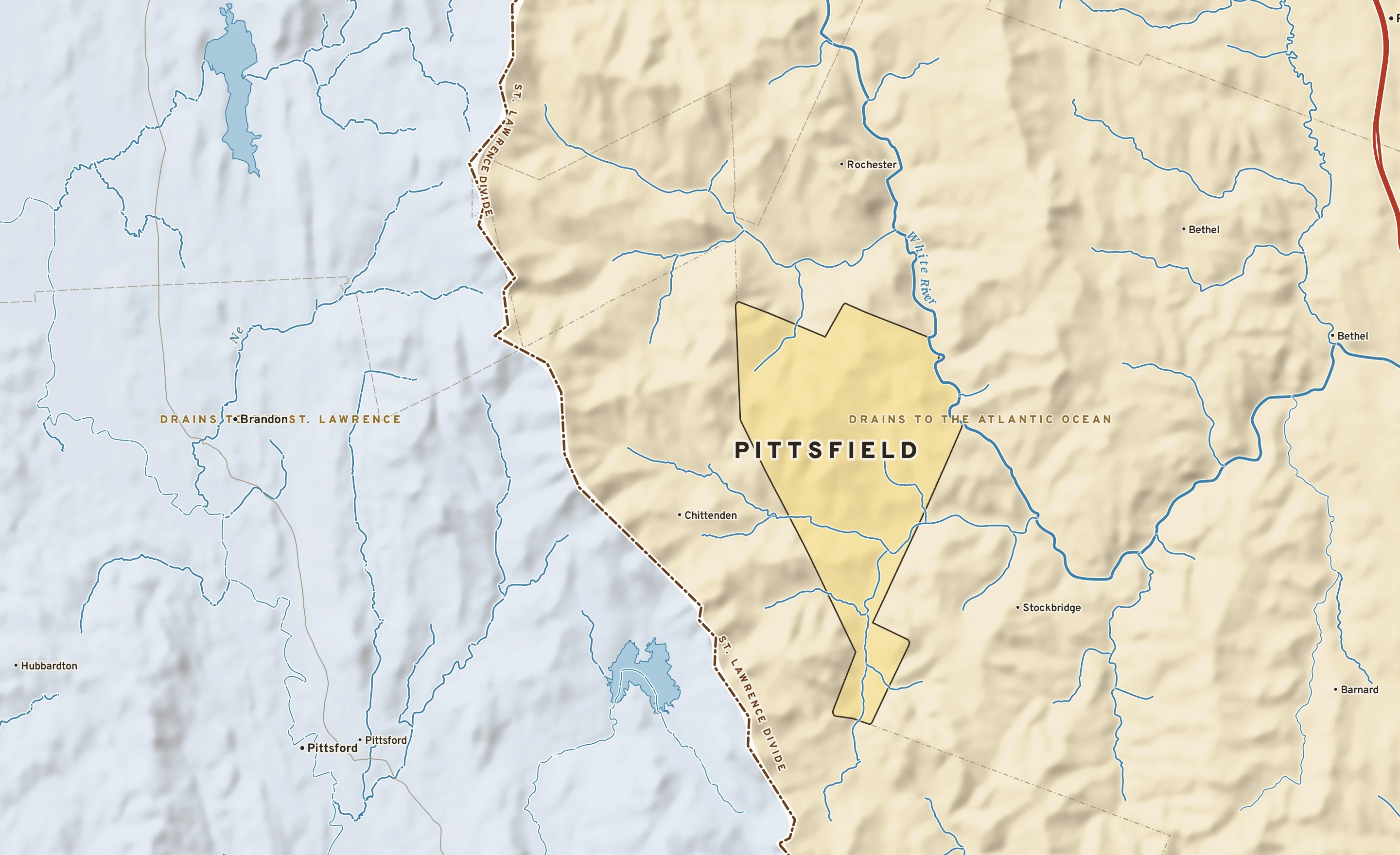 Shaded-relief atlas plate of Pittsfield, Vermont: rivers, roads, the city limits and where the water drains.