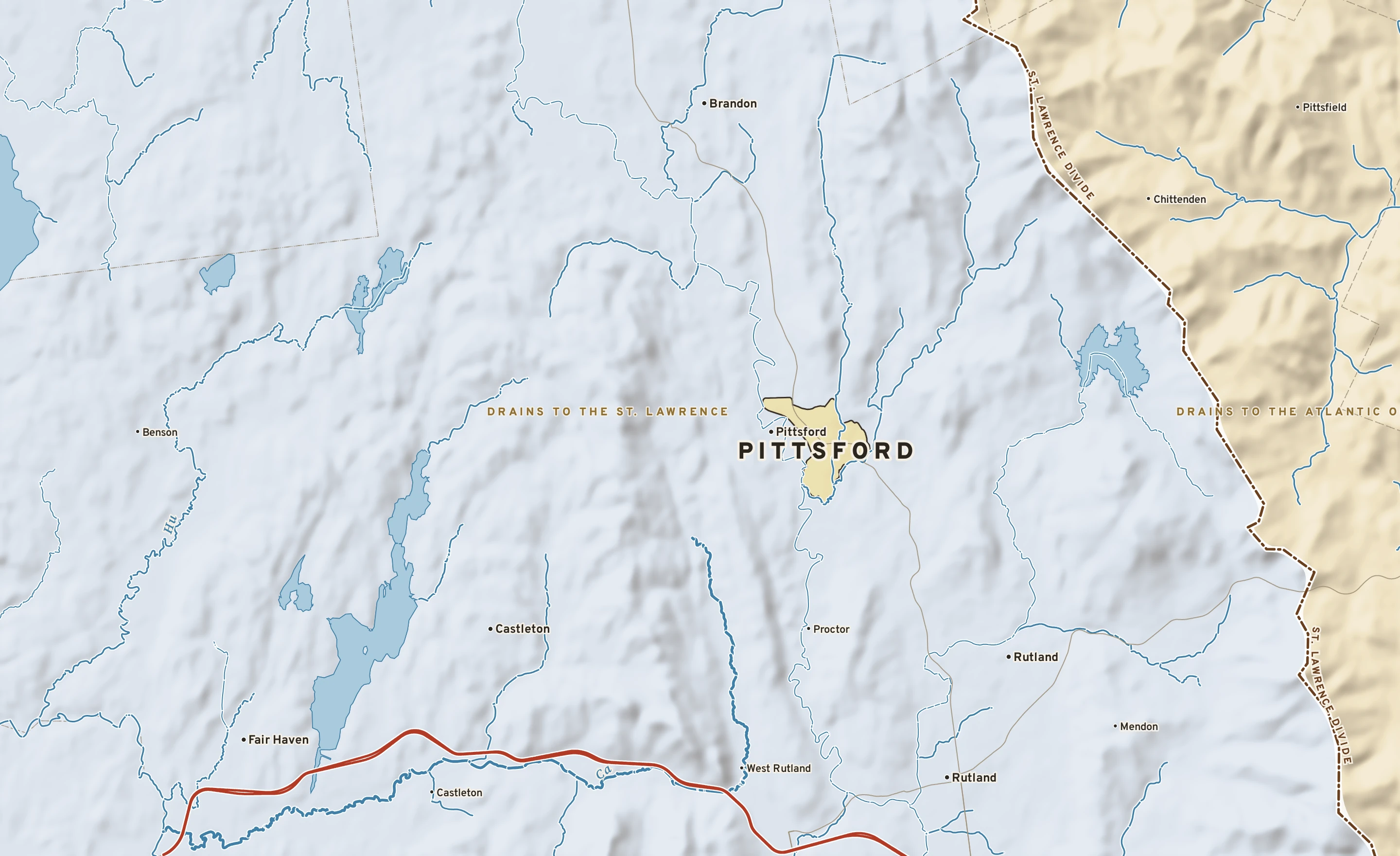 Shaded-relief atlas plate of Pittsford, Vermont: rivers, roads, the city limits and where the water drains.