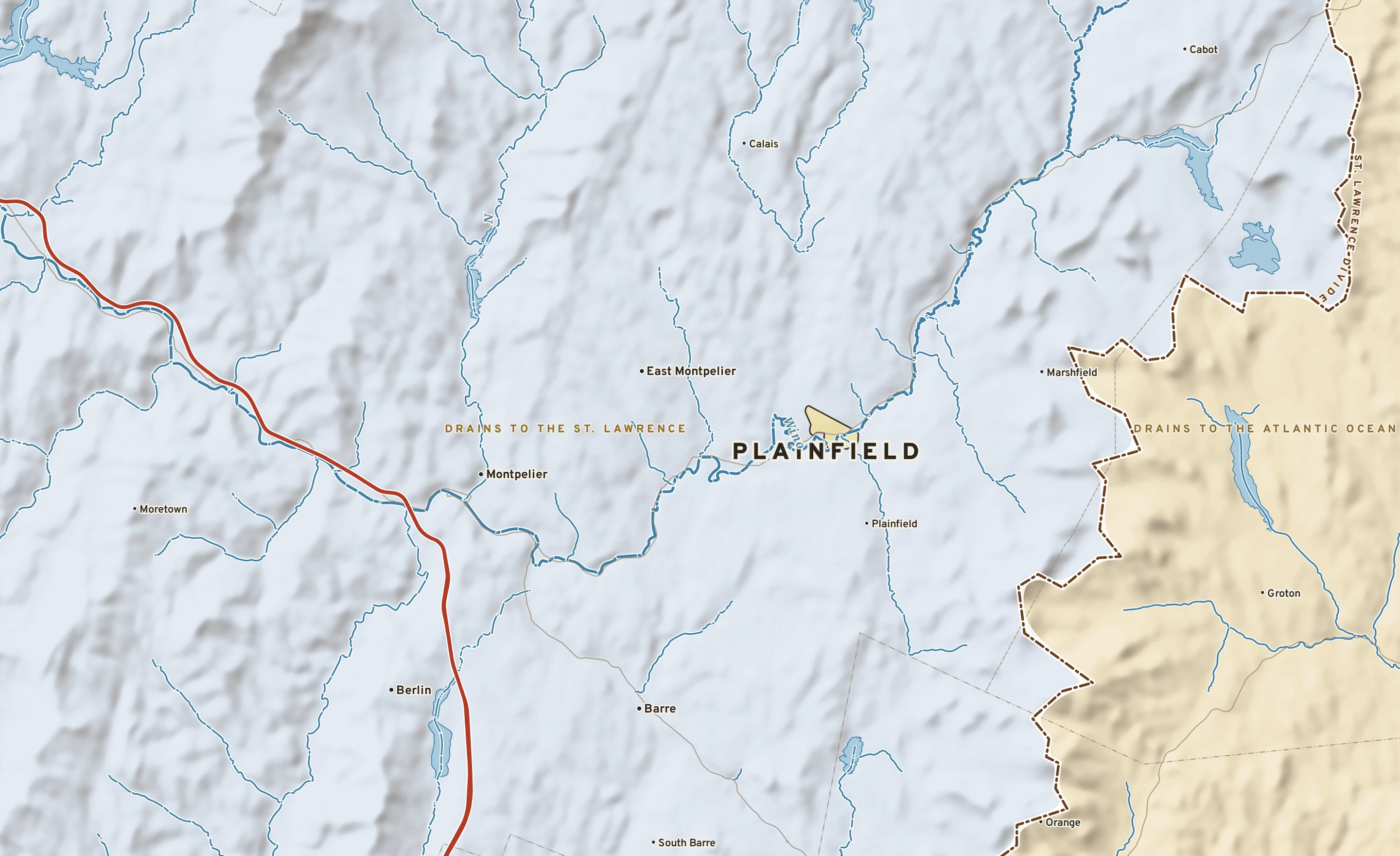 Shaded-relief atlas plate of Plainfield, Vermont: rivers, roads, the city limits and where the water drains.