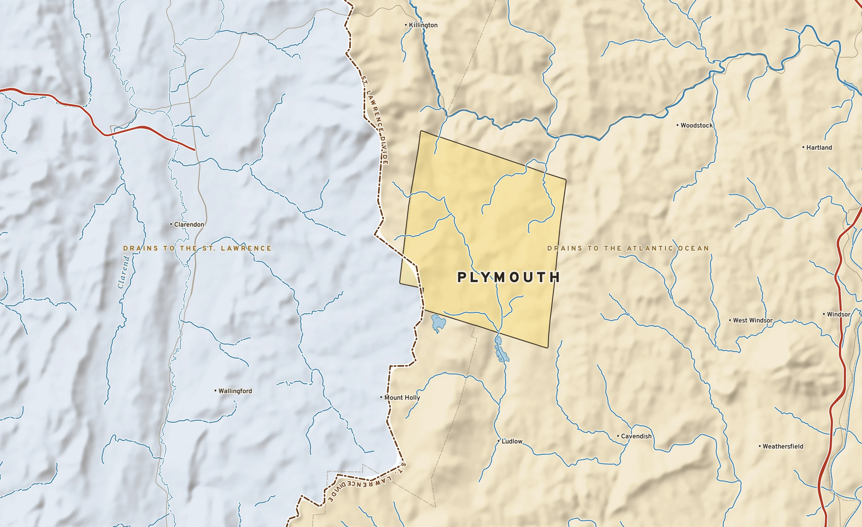 Shaded-relief atlas plate of Plymouth, Vermont: rivers, roads, the city limits and where the water drains.