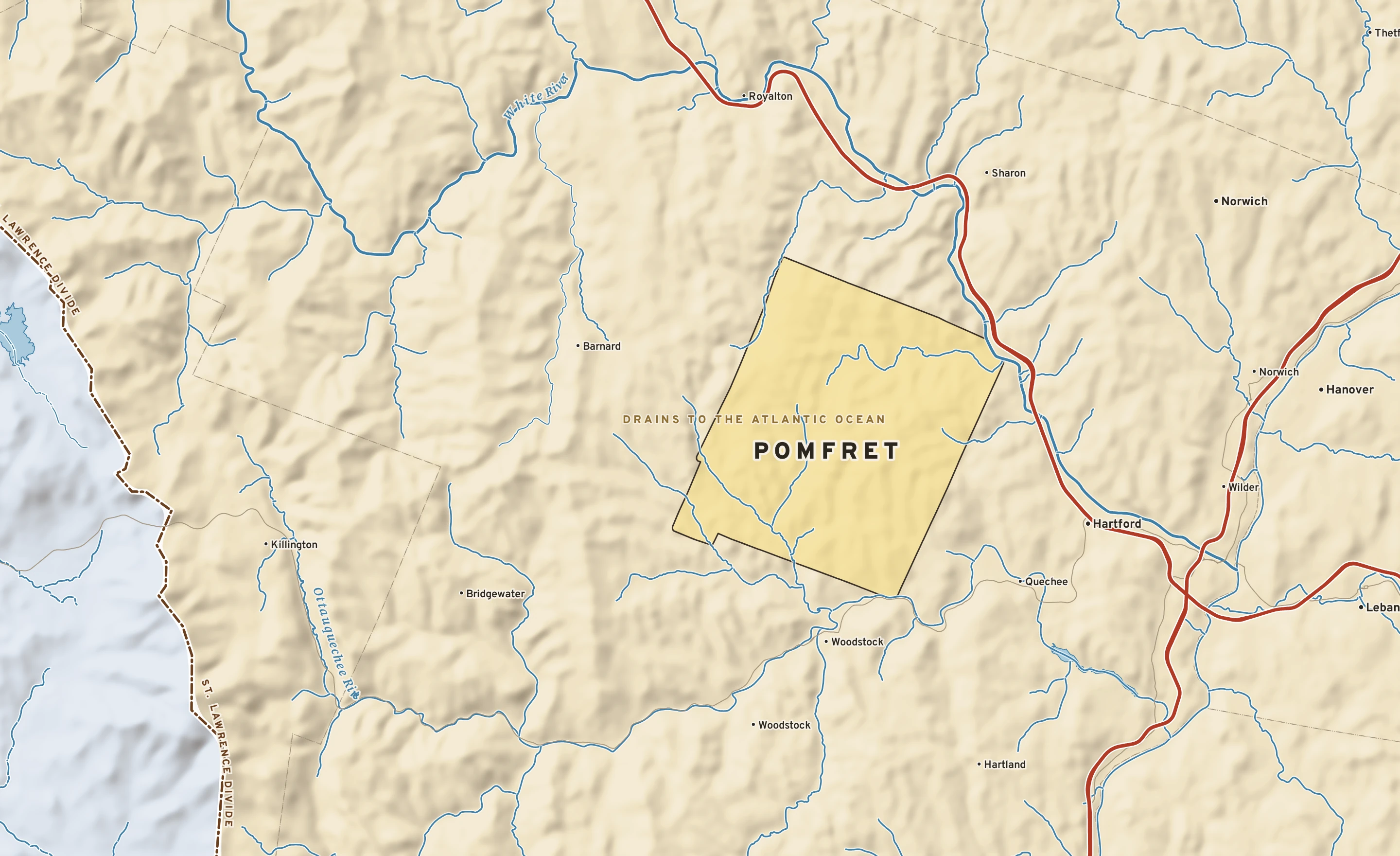 Shaded-relief atlas plate of Pomfret, Vermont: rivers, roads, the city limits and where the water drains.