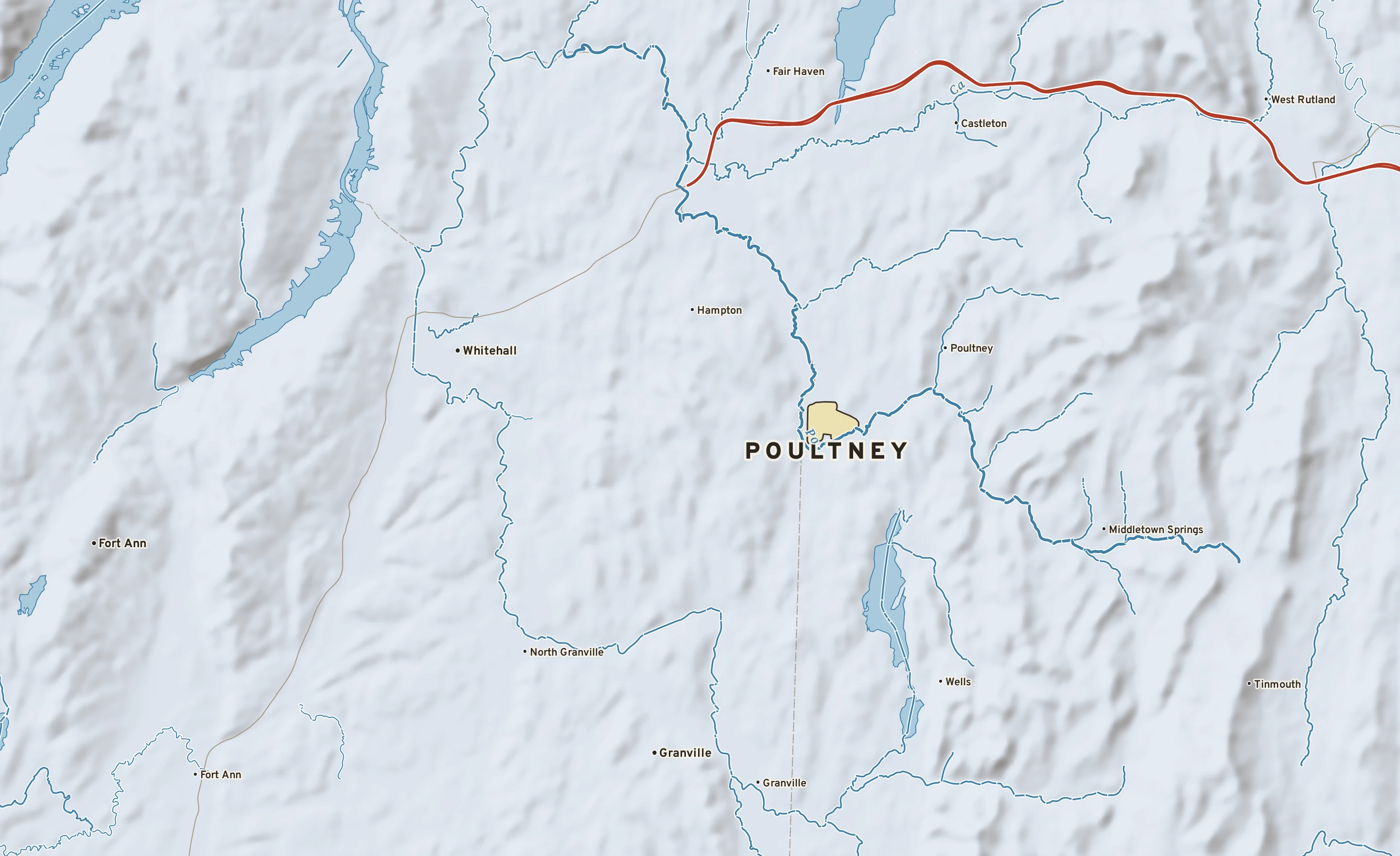 Shaded-relief atlas plate of Poultney, Vermont: rivers, roads, the city limits and where the water drains.
