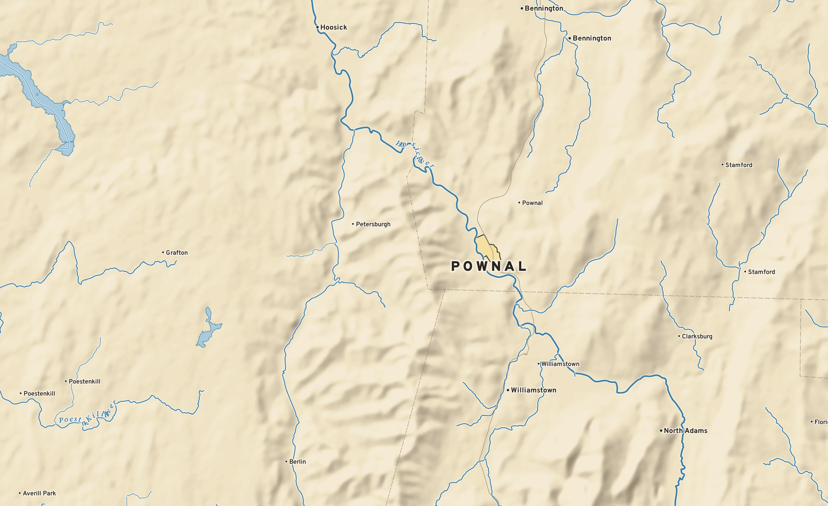 Shaded-relief atlas plate of Pownal, Vermont: rivers, roads, the city limits and where the water drains.