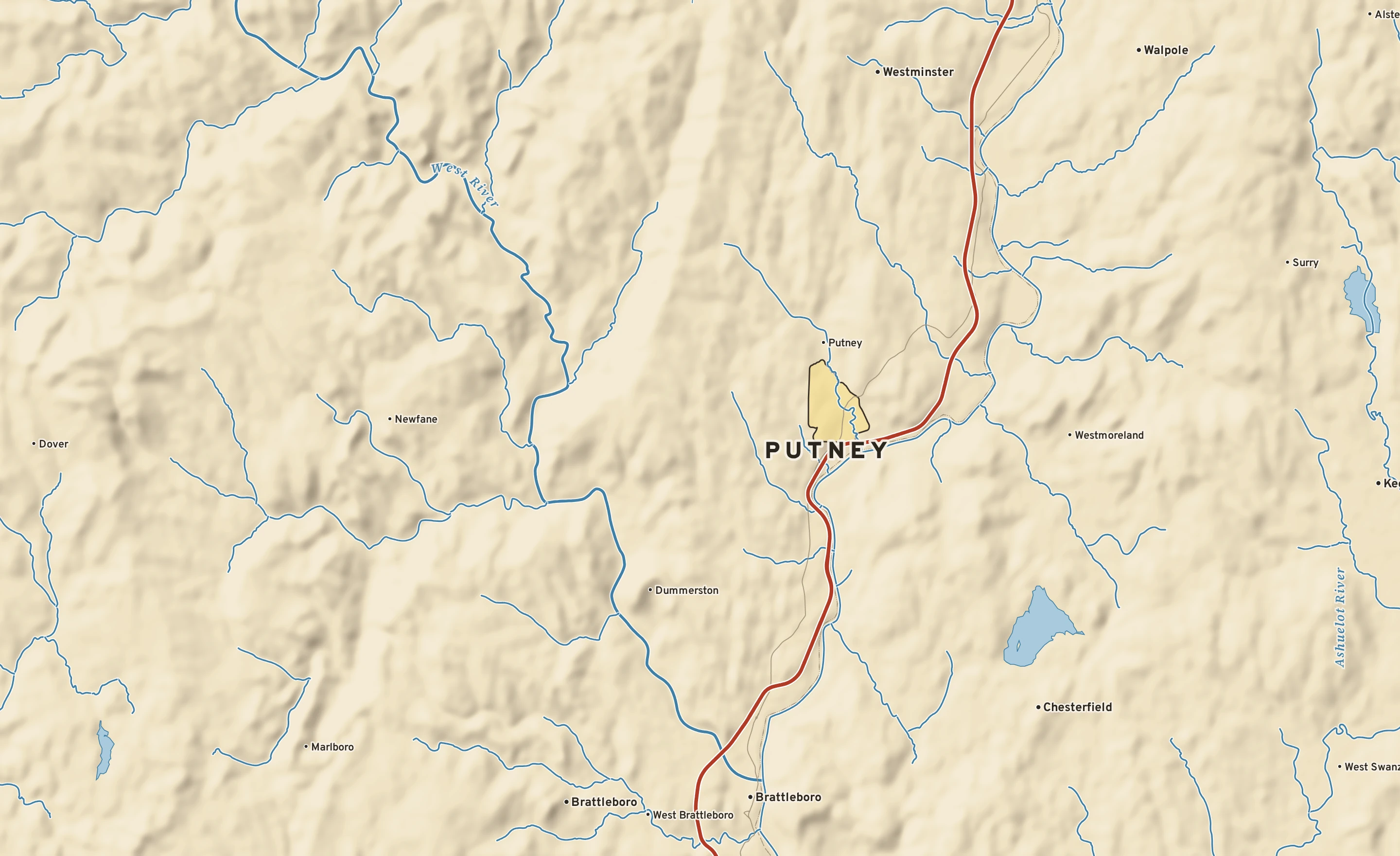 Shaded-relief atlas plate of Putney, Vermont: rivers, roads, the city limits and where the water drains.