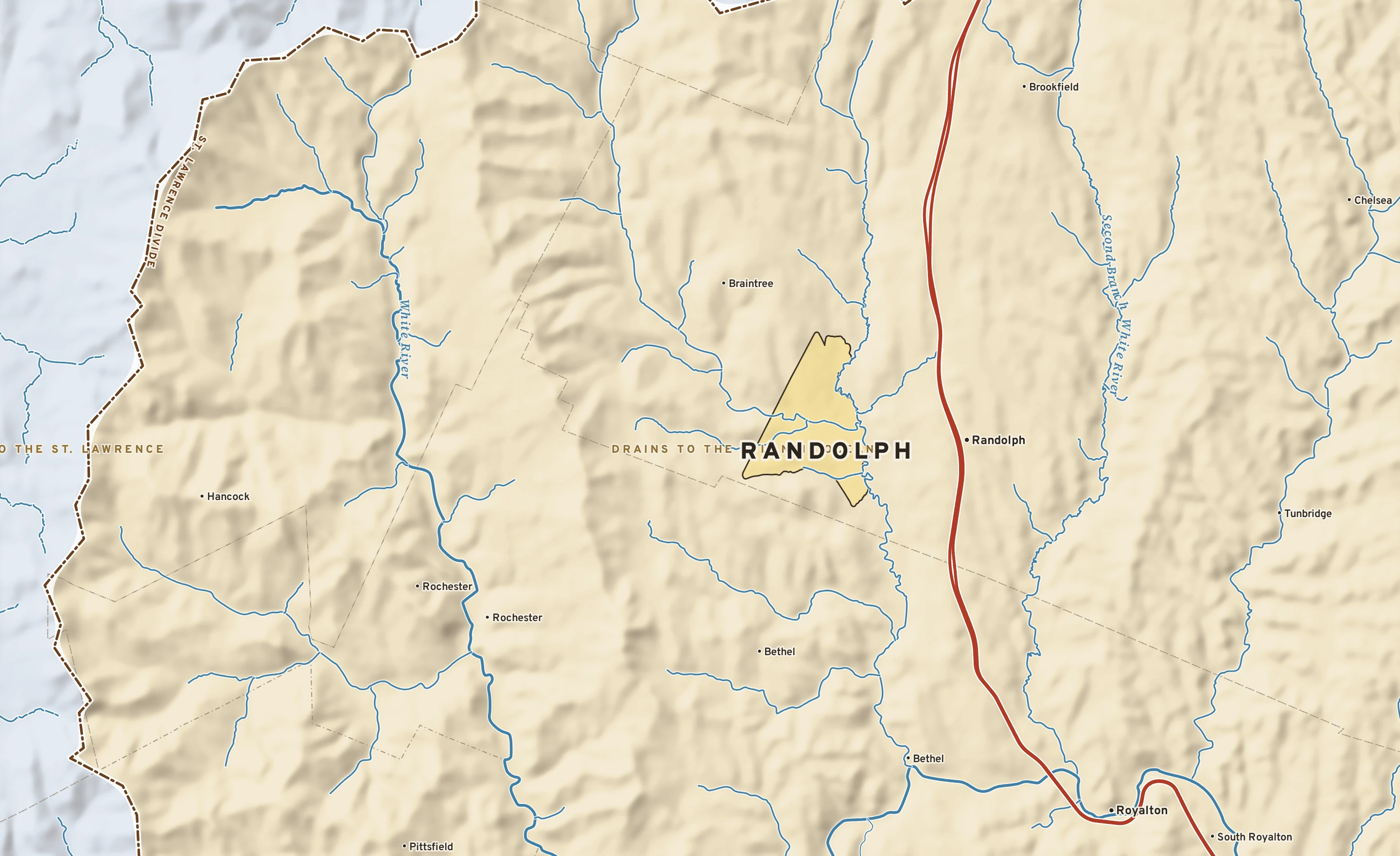 Shaded-relief atlas plate of Randolph, Vermont: rivers, roads, the city limits and where the water drains.